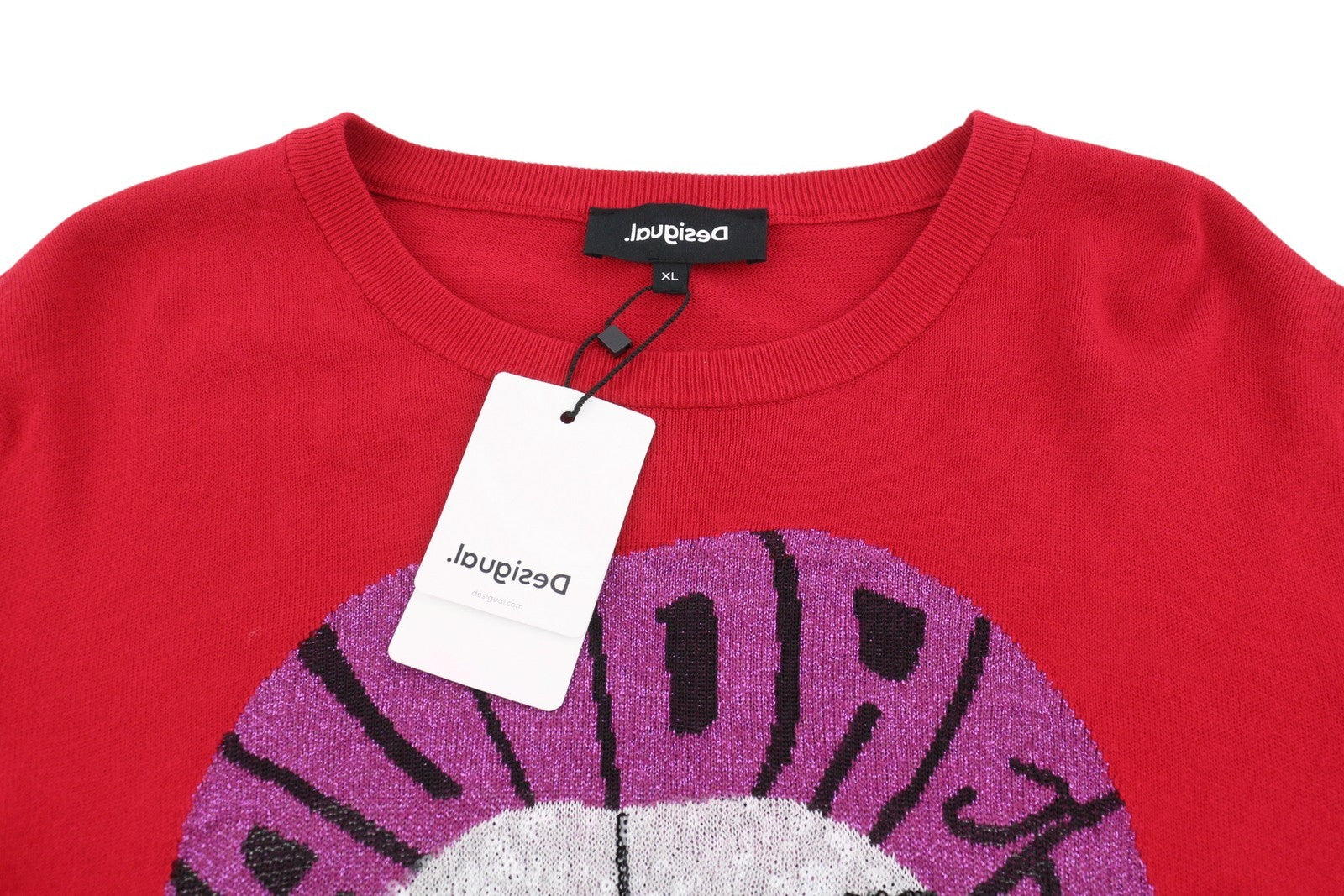DESIGUAL Esopo Women's Jumper XL Red Metallic Lip Graphic Knit Pull On