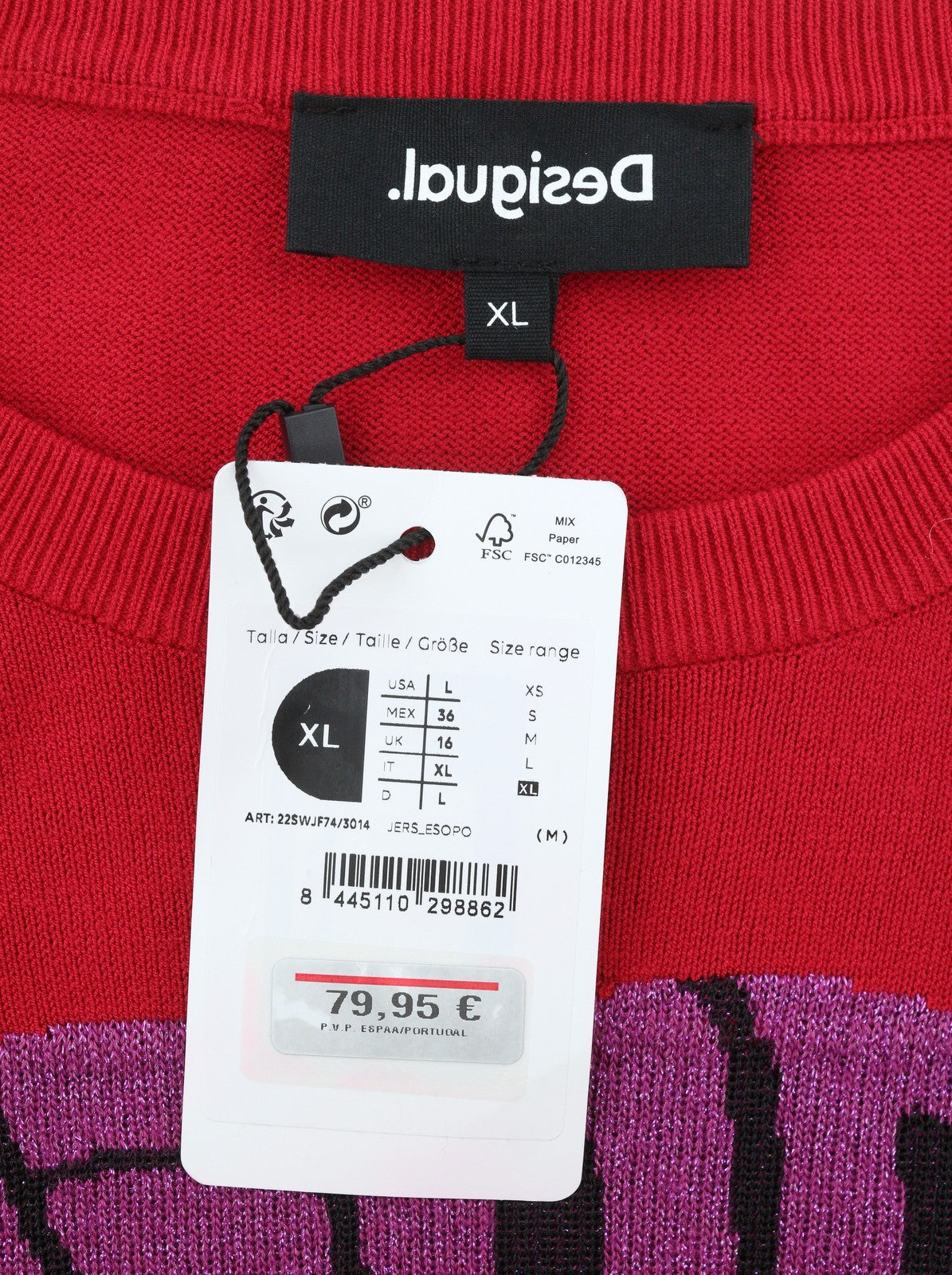 DESIGUAL Esopo Women's Jumper XL Red Metallic Lip Graphic Knit Pull On