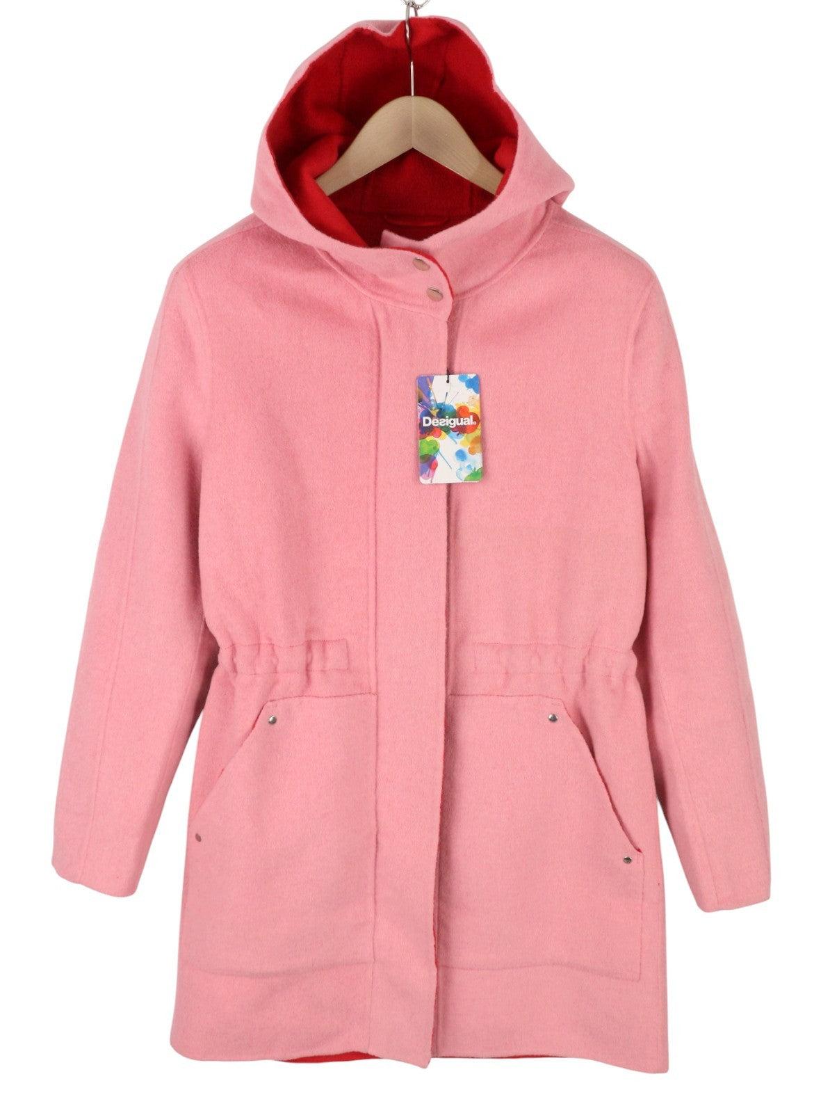 DESIGUAL Lenzy Women's Coat EU36 Pink Wool Blend Hooded Drawstring Waist