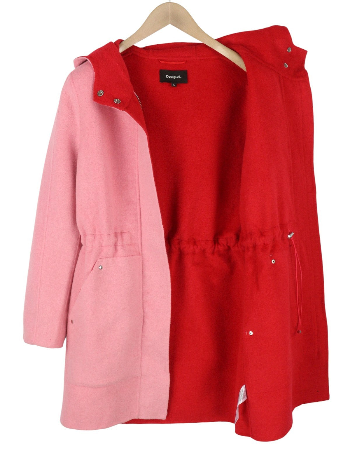 DESIGUAL Lenzy Women's Coat EU36 Pink Wool Blend Hooded Drawstring Waist