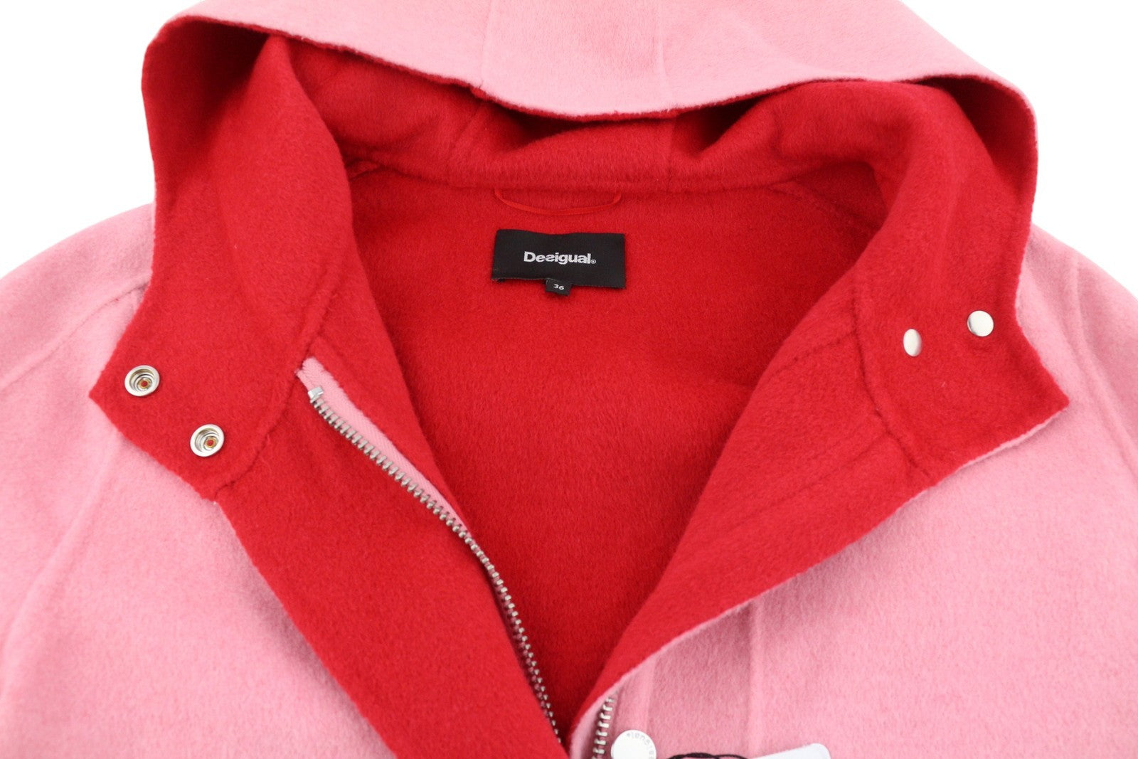 DESIGUAL Lenzy Women's Coat EU36 Pink Wool Blend Hooded Drawstring Waist