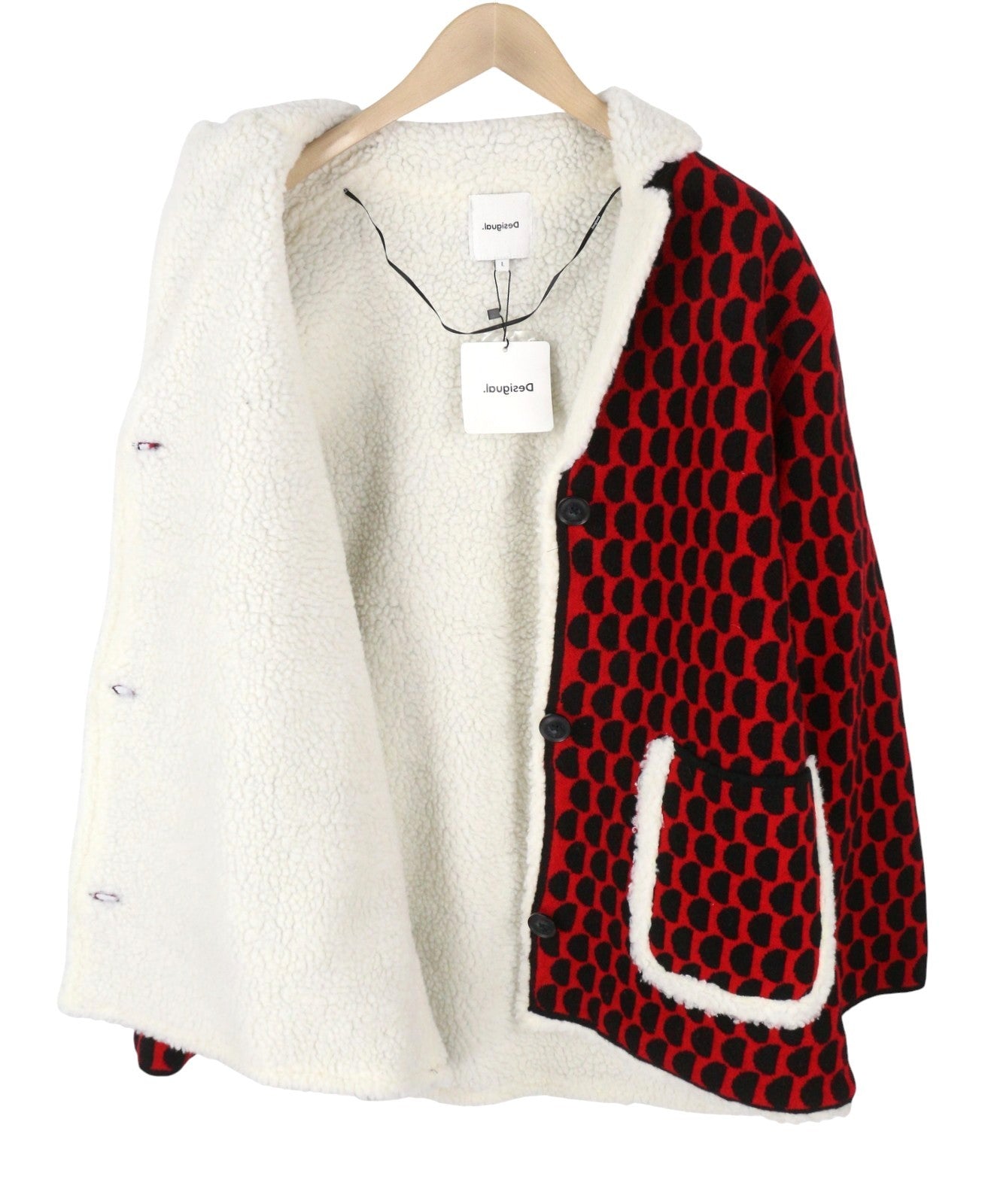 DESIGUAL Jers Denver Women's Coat L Red Pattern Tricot Fleece Button Loose