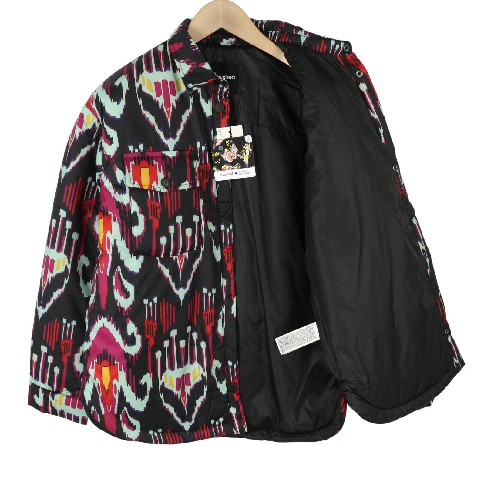 DESIGUAL Eliot Women's Jacket L Bright Abstract Print Padded Snap Front Coat