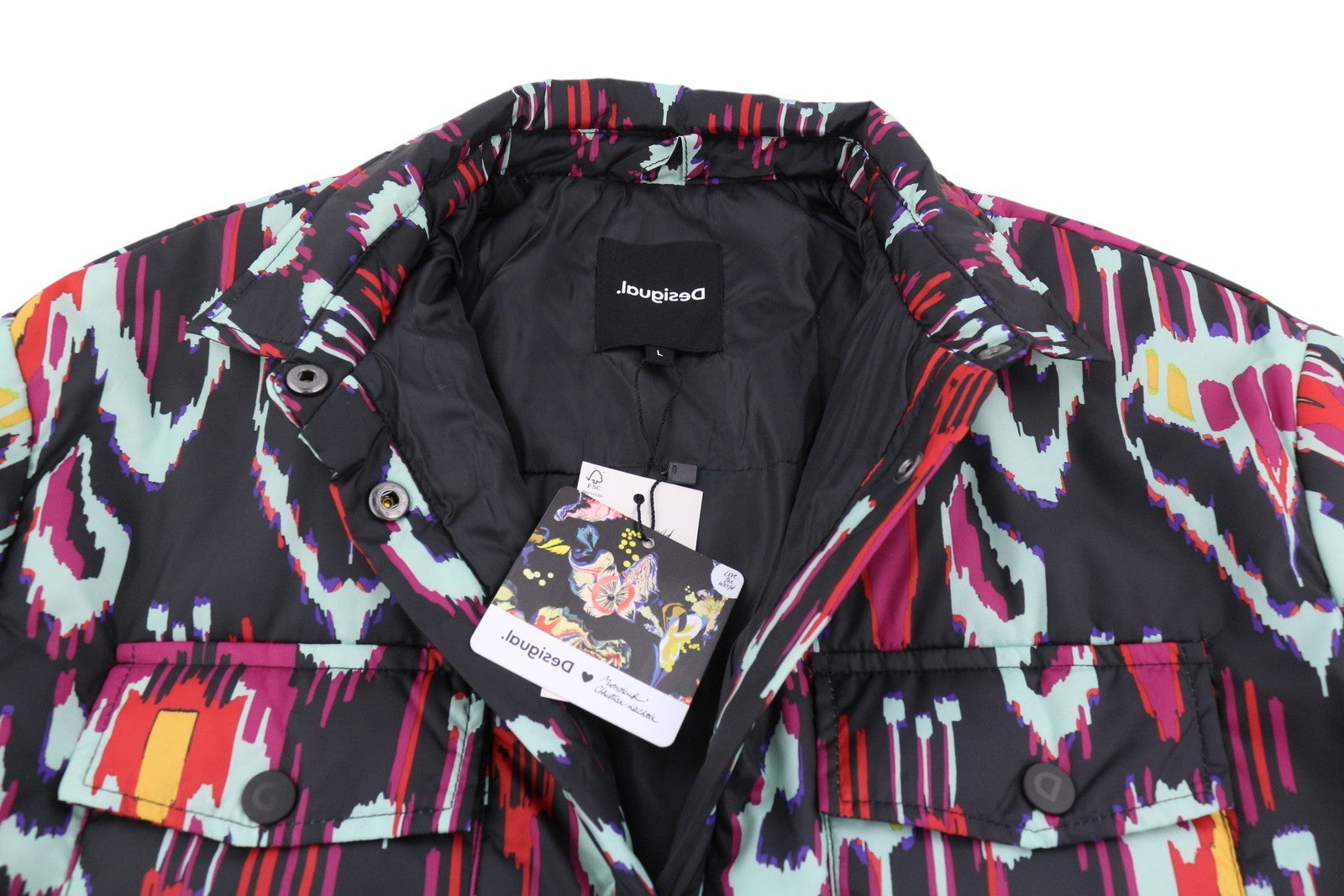 DESIGUAL Eliot Women's Jacket L Bright Abstract Print Padded Snap Front Coat