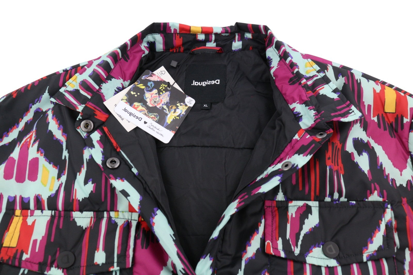 DESIGUAL Eliot Women's Jacket XL Multi Abstract Print Padded Snap Button Coat
