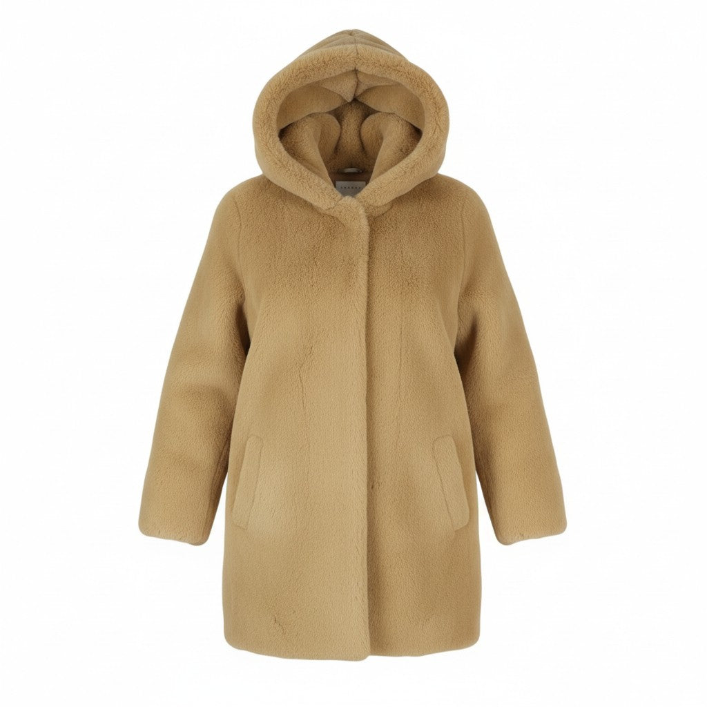 SANDRO Women's Jacket 38 M Brown Plush Faux Fur Hooded Snap Mid-Length Coat