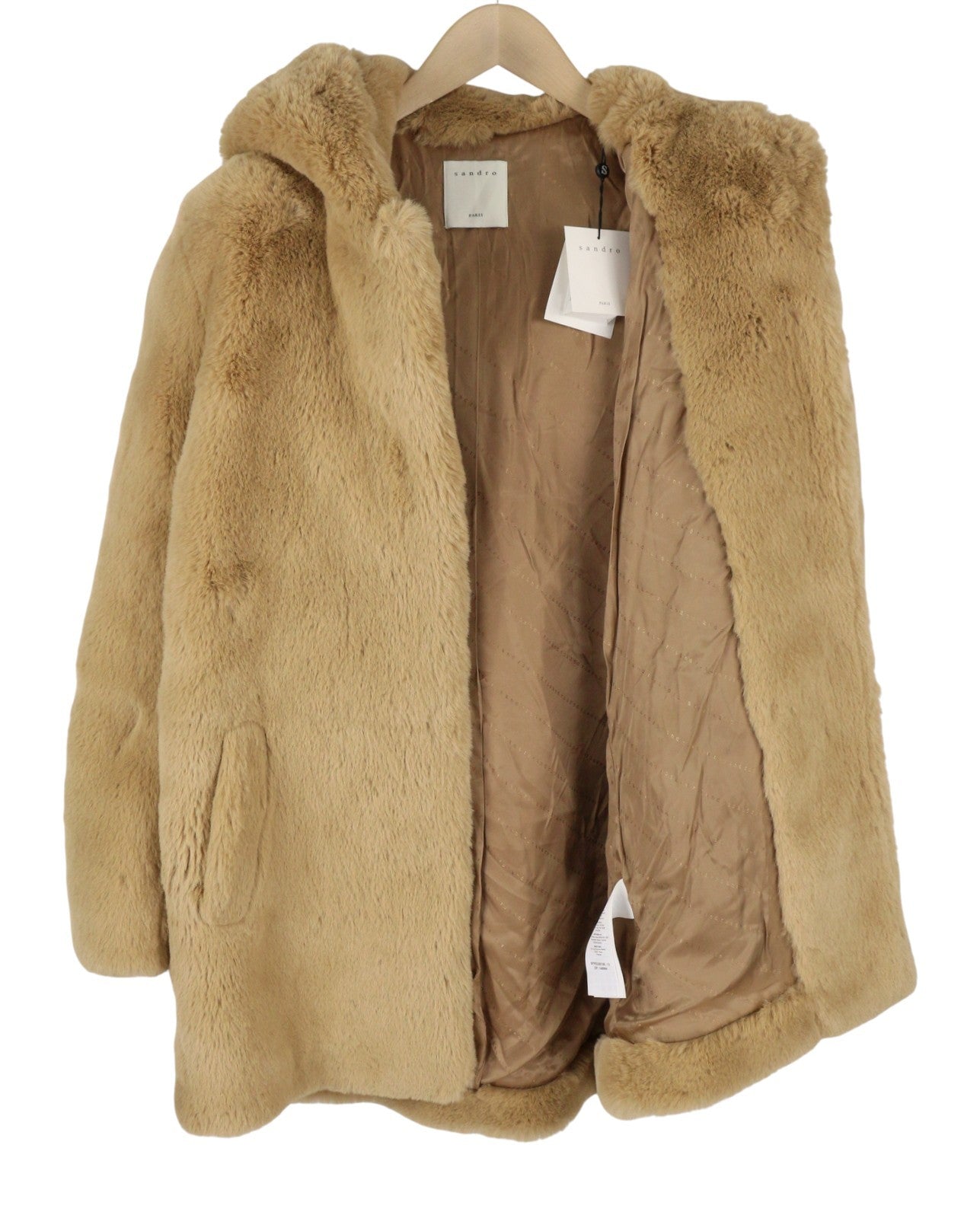 SANDRO Women's Jacket 38 M Brown Plush Faux Fur Hooded Snap Mid-Length Coat