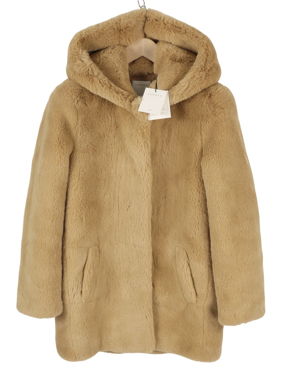 SANDRO Women's Jacket 38 M Brown Plush Faux Fur Hooded Snap Mid-Length Coat