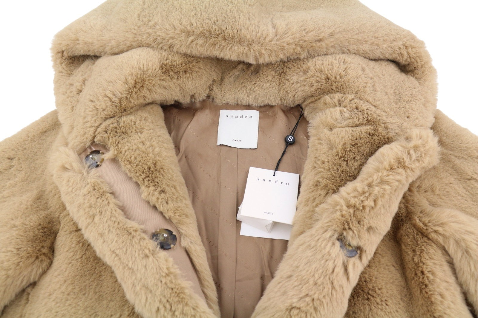 SANDRO Women's Jacket 38 M Brown Plush Faux Fur Hooded Snap Mid-Length Coat