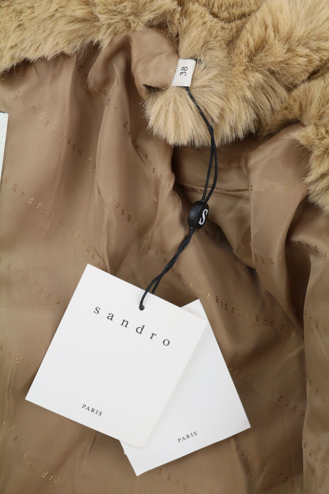 SANDRO Women's Jacket 38 M Brown Plush Faux Fur Hooded Snap Mid-Length Coat