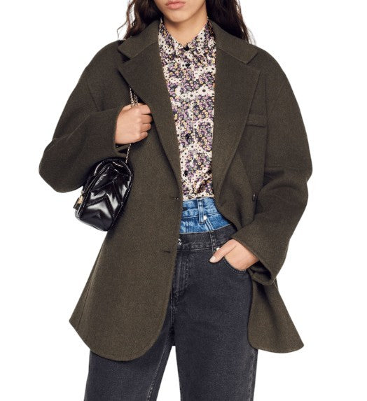 SANDRO Fisher Women's Coat 38 M Khaki Wool Blend Oversized Tailored RRP445