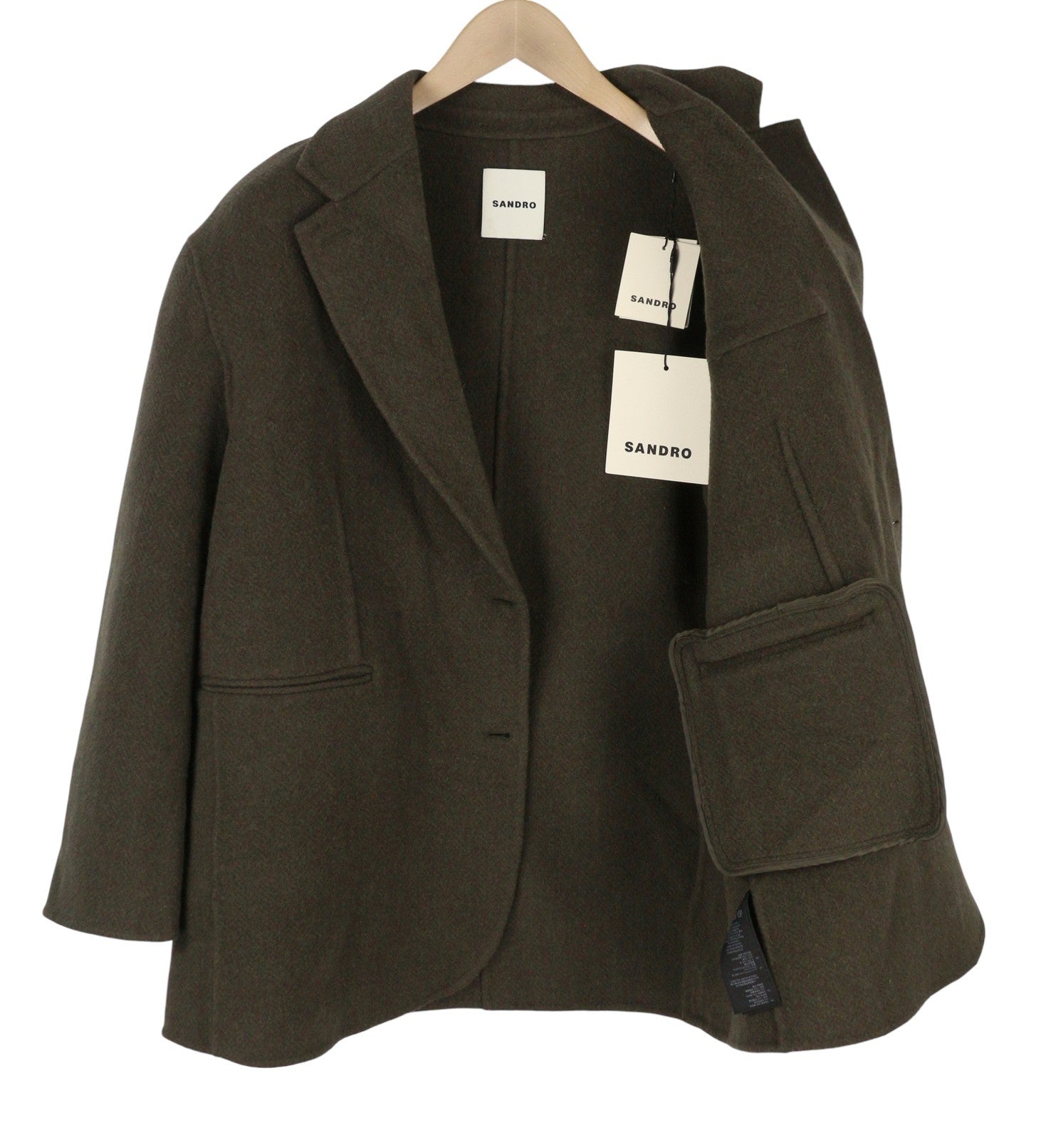 SANDRO Fisher Women's Coat 38 M Khaki Wool Blend Oversized Tailored RRP445
