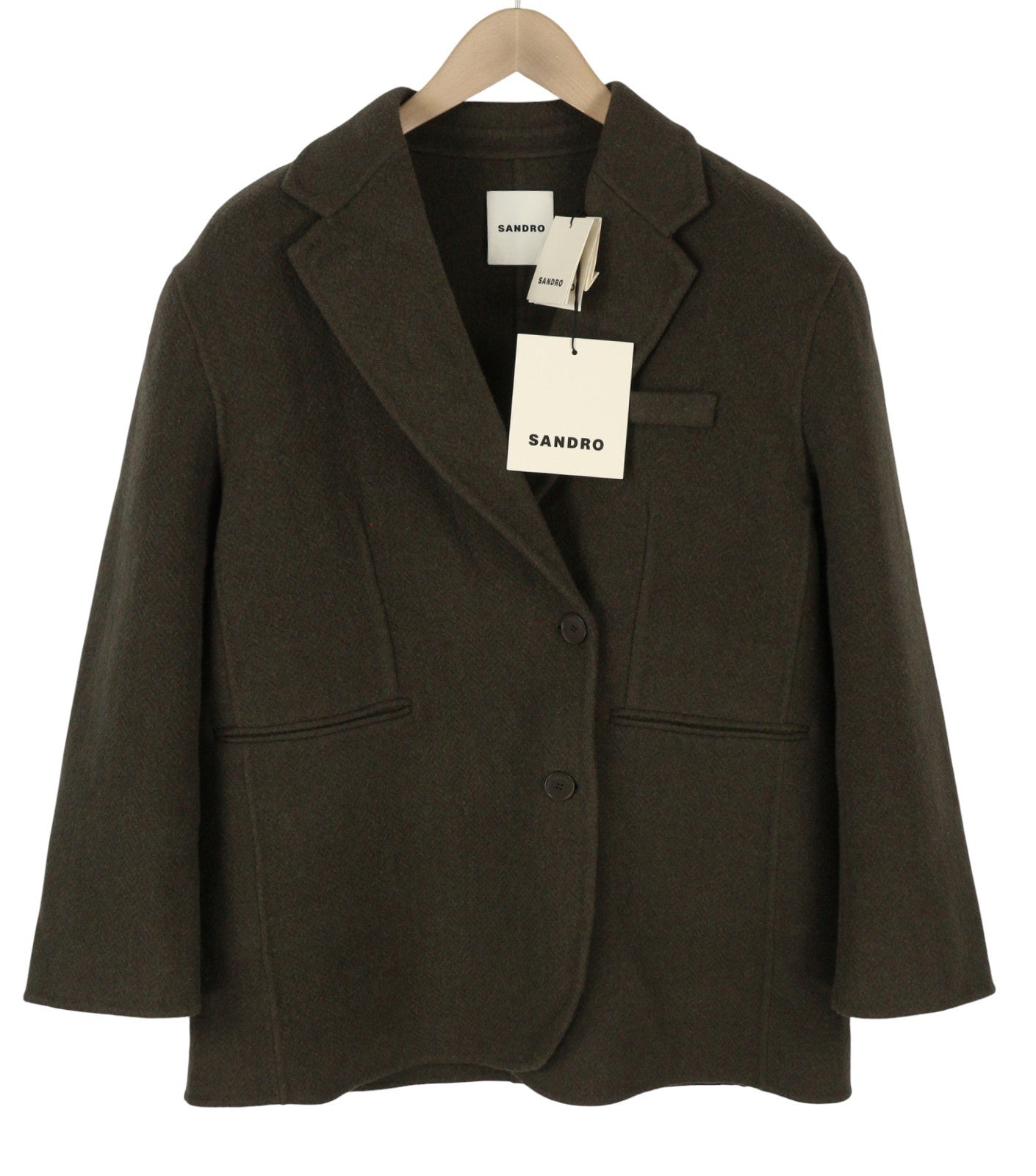 SANDRO Fisher Women's Coat 38 M Khaki Wool Blend Oversized Tailored RRP445