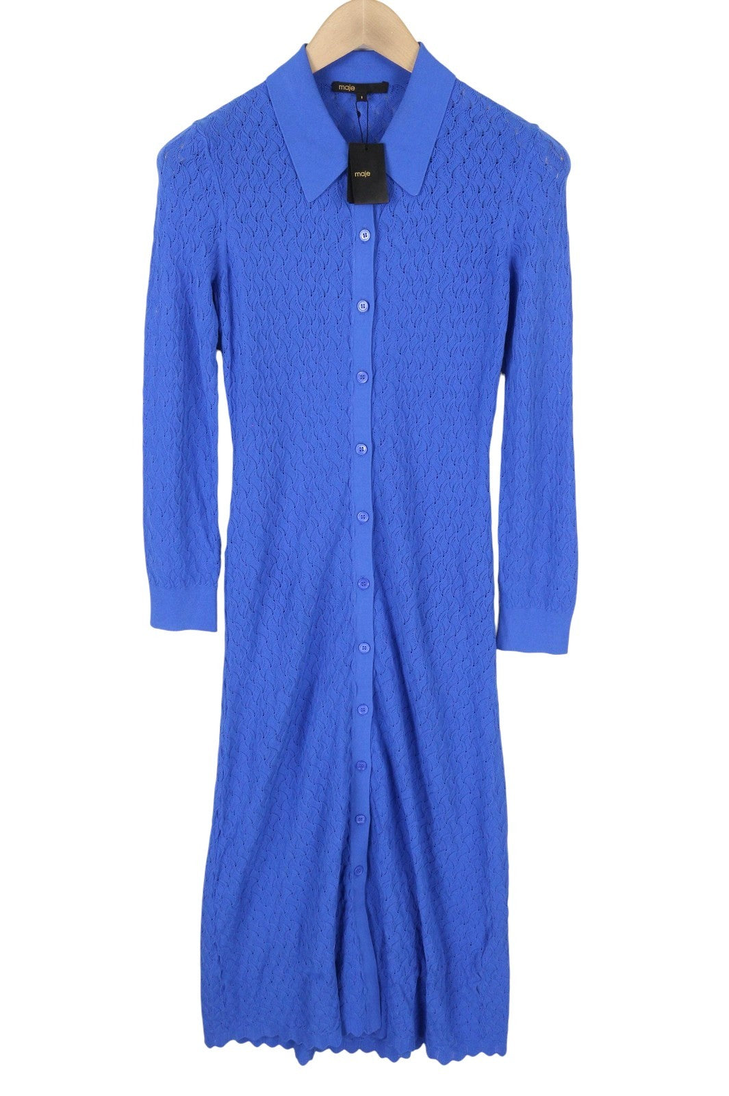 MAJE Maline Women's Dress 1 S Blue Knit Button-Up Long Sleeve Midi