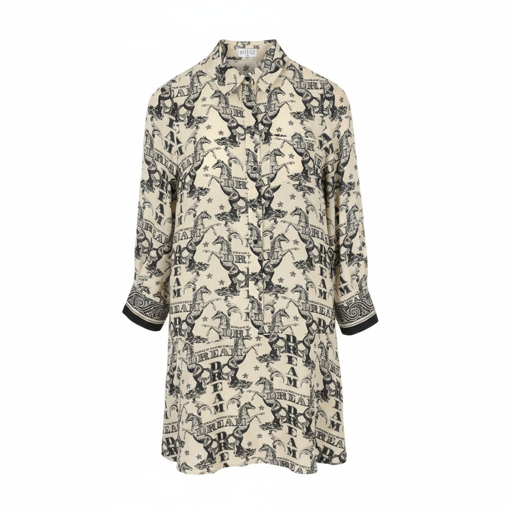 CLAUDIE PIERLOT Rocade Women's Dress 36 S Beige Silk Pattern Flowing Sleeve