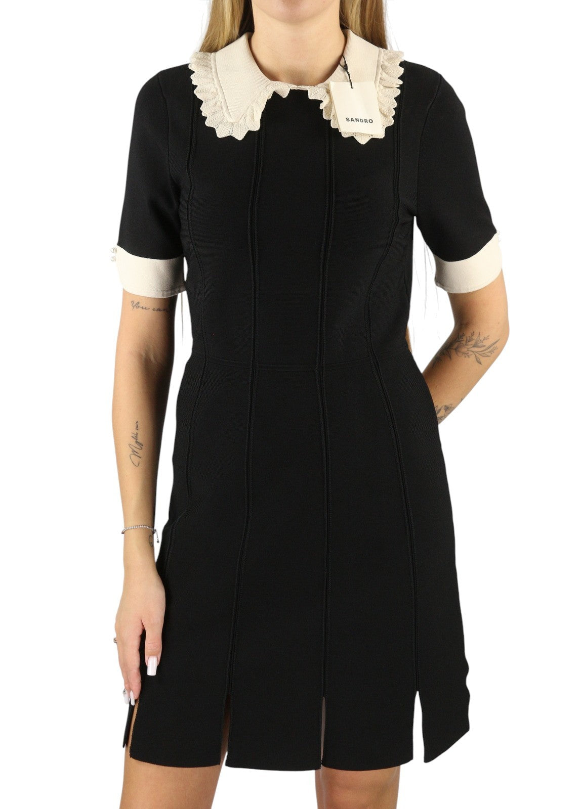 SANDRO Caline Women's Dress 40 L Black Contrast Trim Flared Sleeve Mini