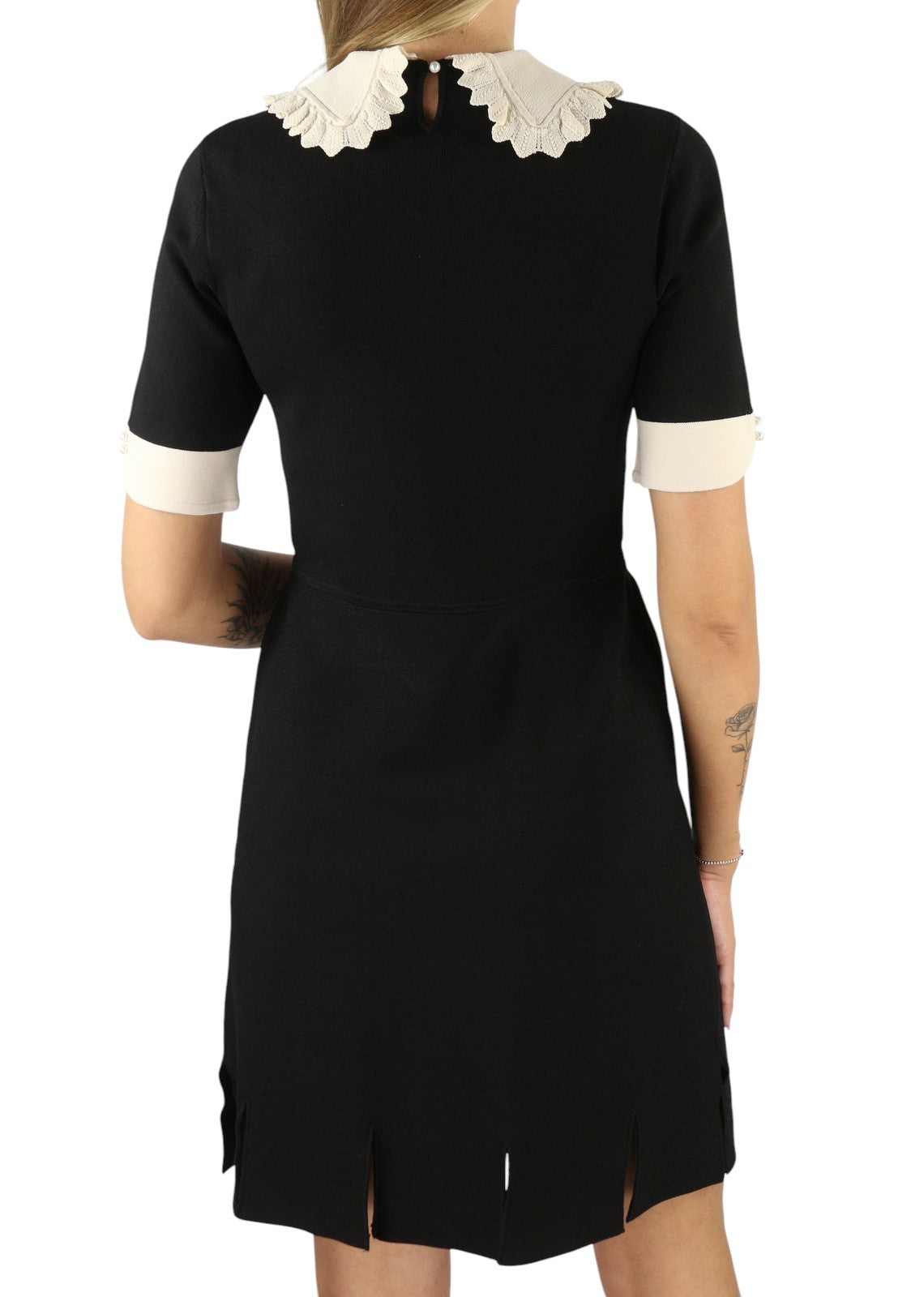 SANDRO Caline Women's Dress 40 L Black Contrast Trim Flared Sleeve Mini