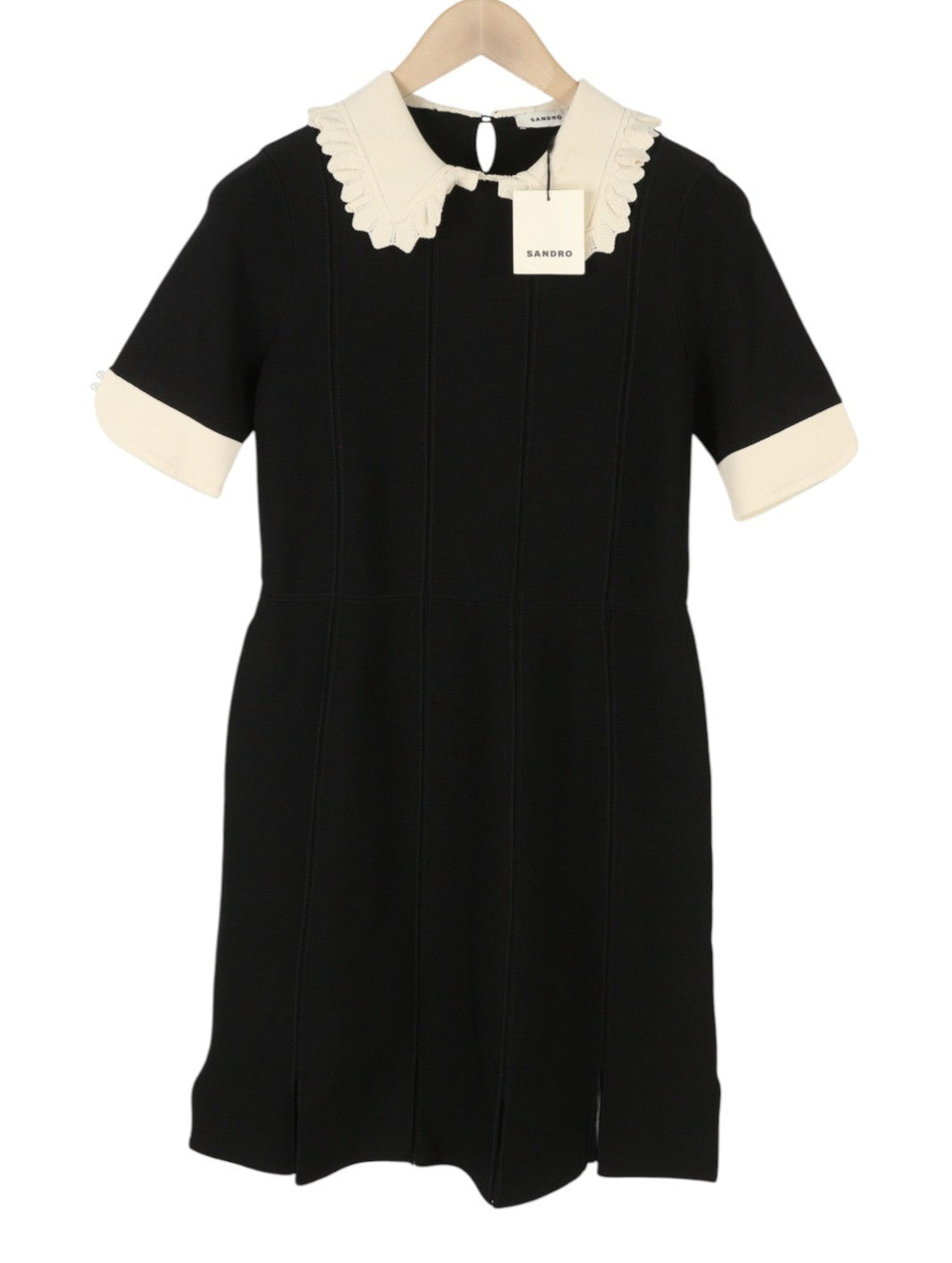 SANDRO Caline Women's Dress 40 L Black Contrast Trim Flared Sleeve Mini