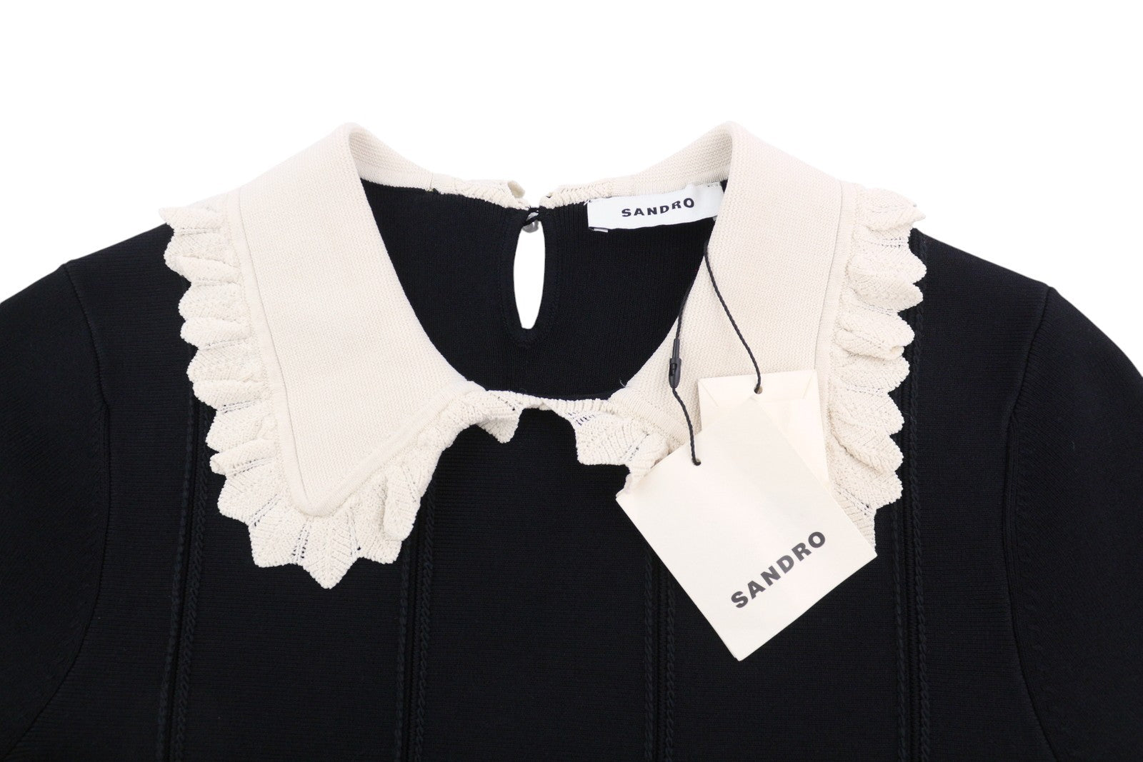 SANDRO Caline Women's Dress 40 L Black Contrast Trim Flared Sleeve Mini