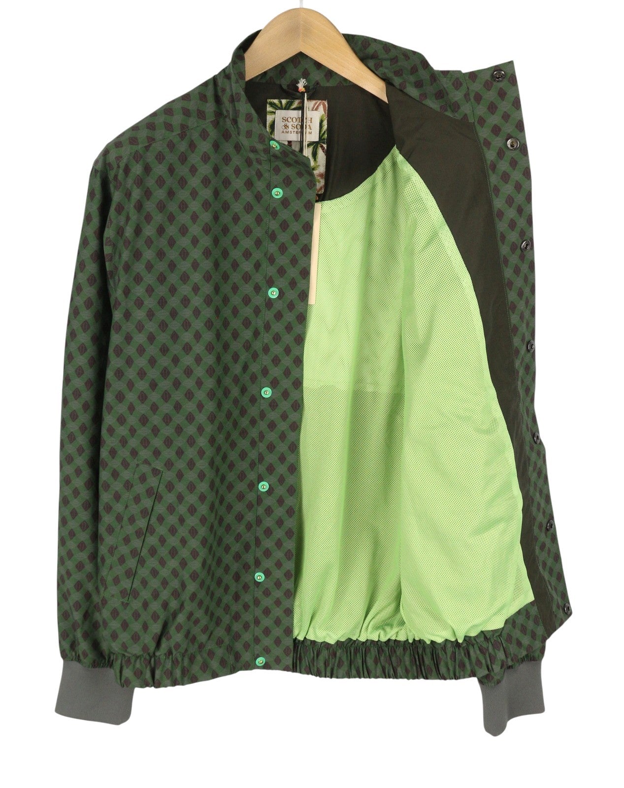 SCOTCH & SODA Men Jacket L Green Patterned High Neck Buttons Lightweight Bomber