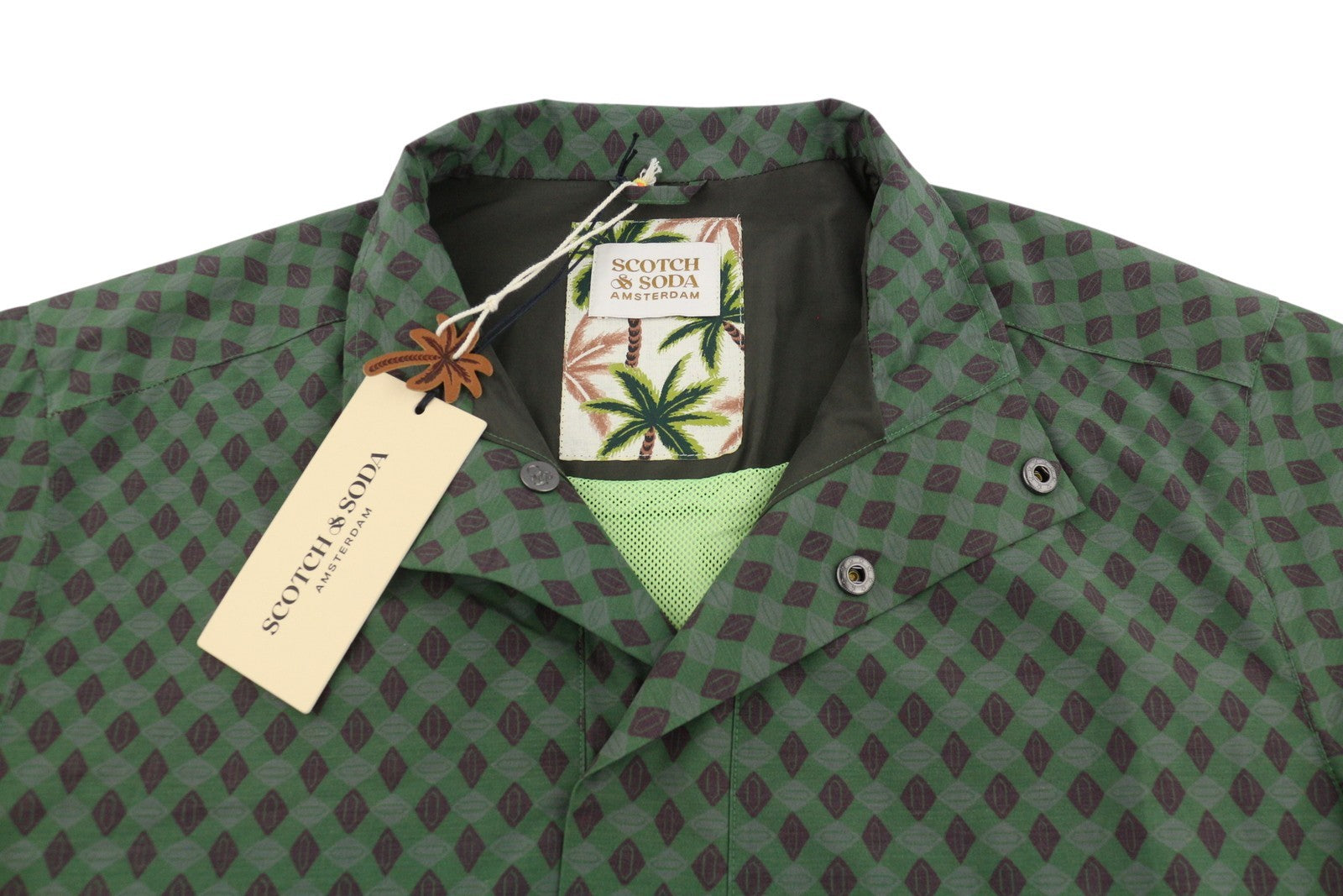 SCOTCH & SODA Men Jacket L Green Patterned High Neck Buttons Lightweight Bomber