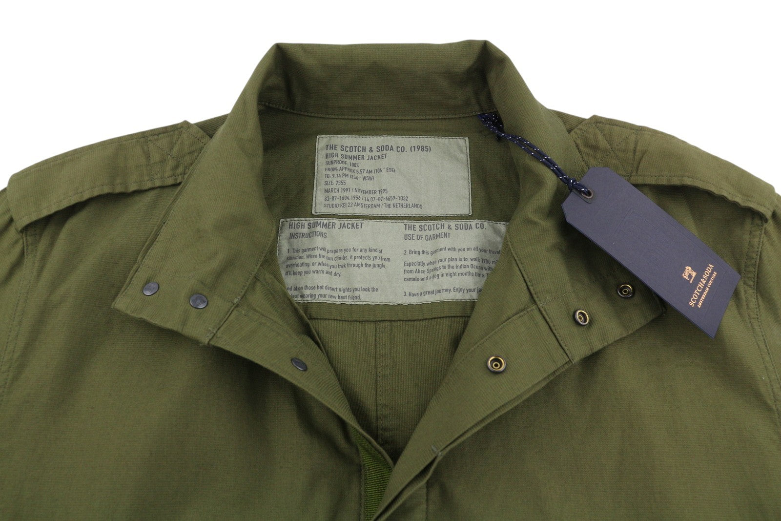 SCOTCH & SODA Men Jacket L Military Green High Neck Snap Buttons Lightweight