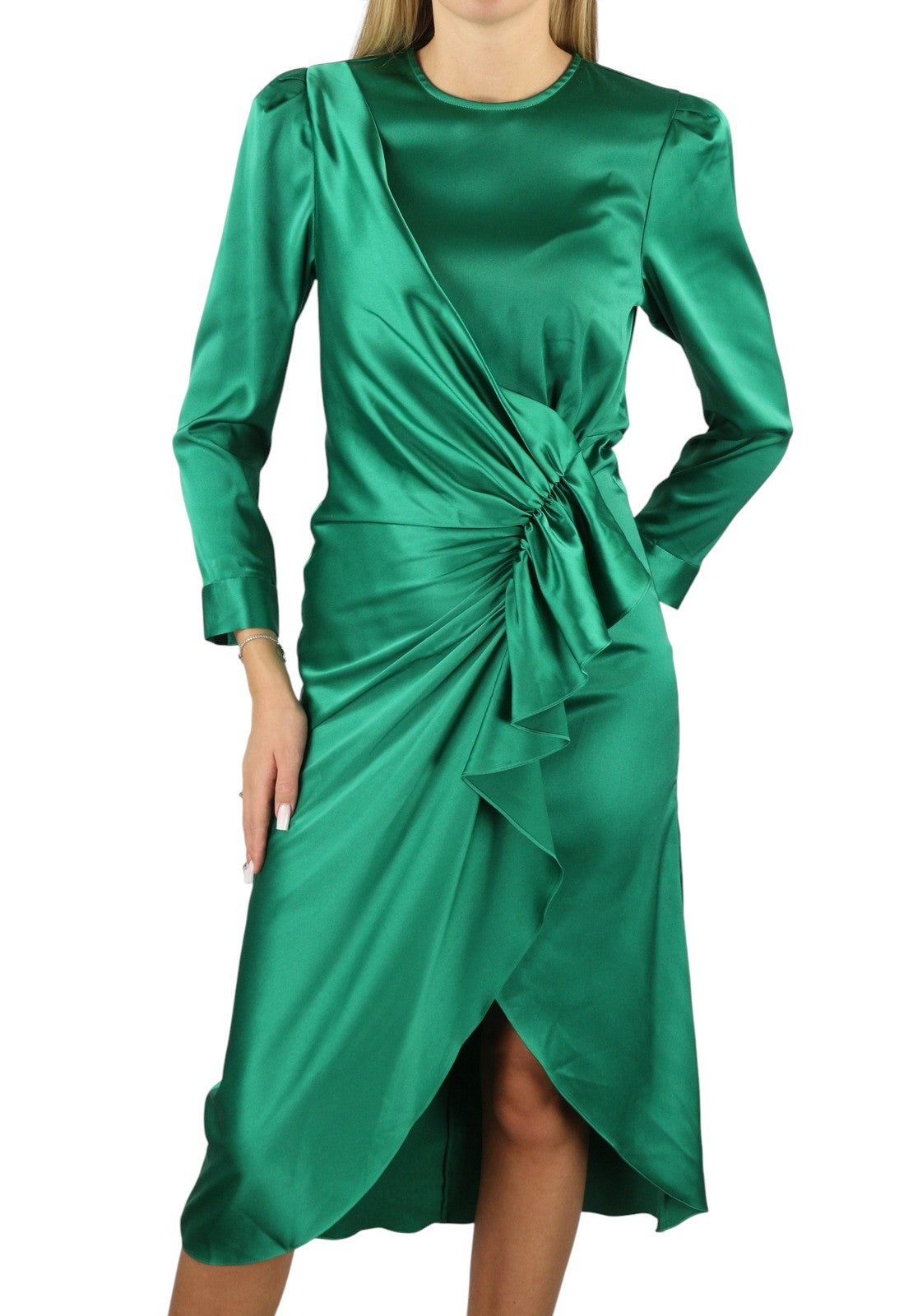 SANDRO Women's Dress 36 S Green Satin Effect Ruffled Wrap Sleeve RRP415