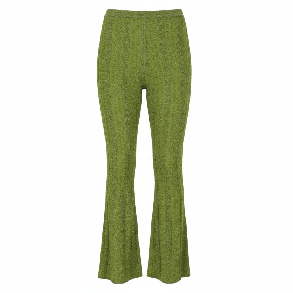 SANDRO Chalamet Women's Trousers 36 S Green Shiny Cable Knit Flared RRP295