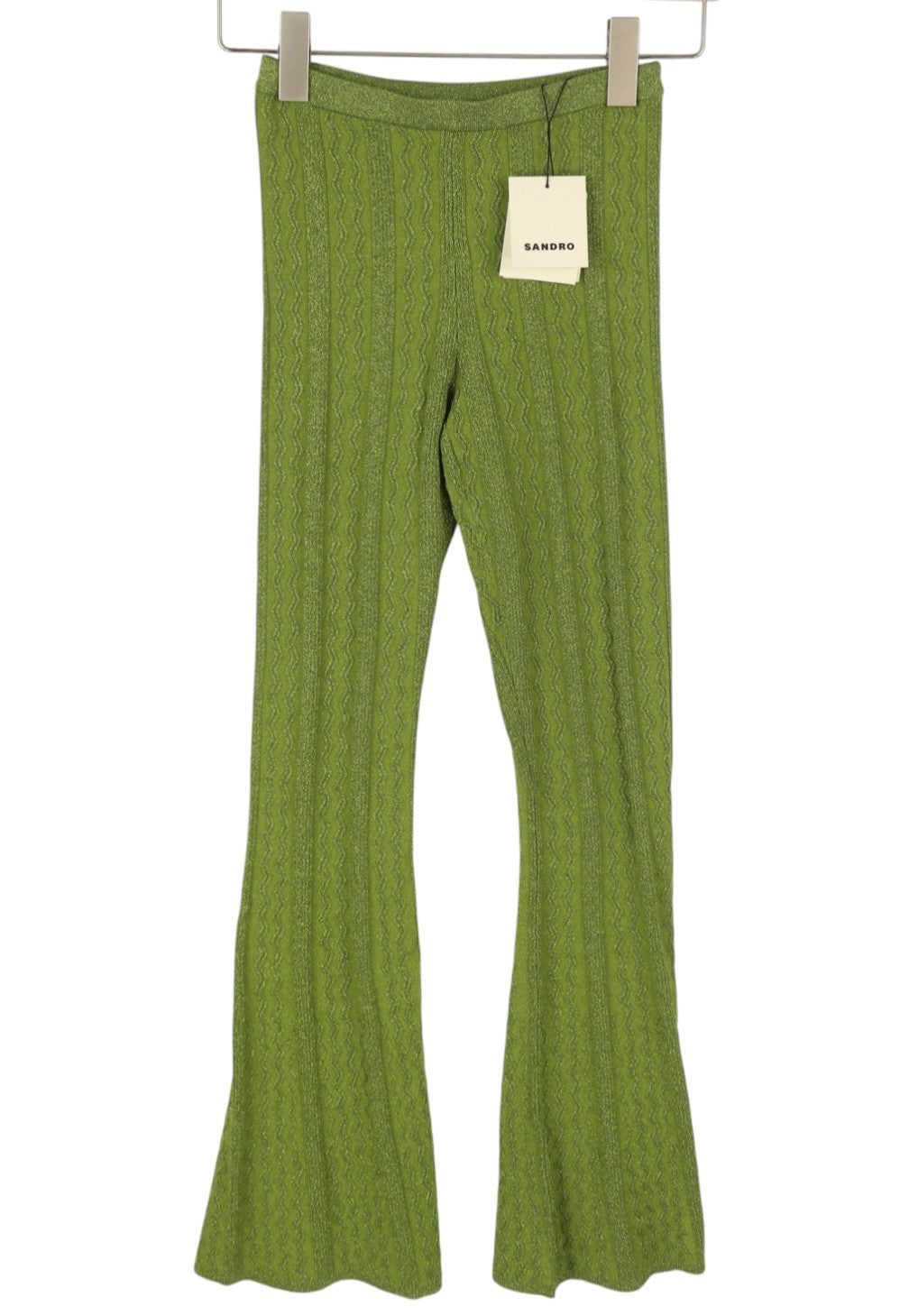 SANDRO Chalamet Women's Trousers 36 S Green Shiny Cable Knit Flared RRP295