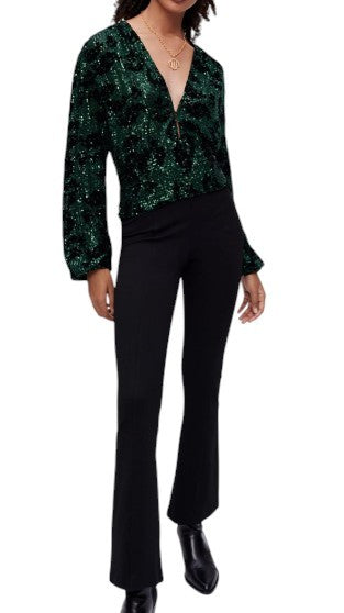MAJE Liletie Women's Blouse 1 S Green Fitted Sequin Balloon Sleeve RRP189