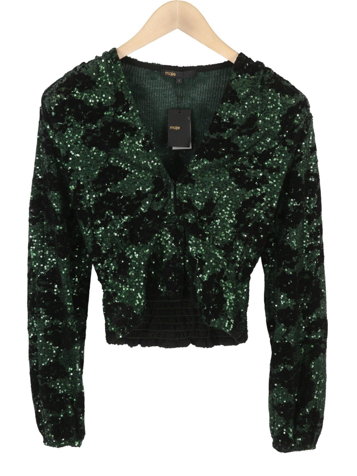 MAJE Liletie Women's Blouse 1 S Green Fitted Sequin Balloon Sleeve RRP189