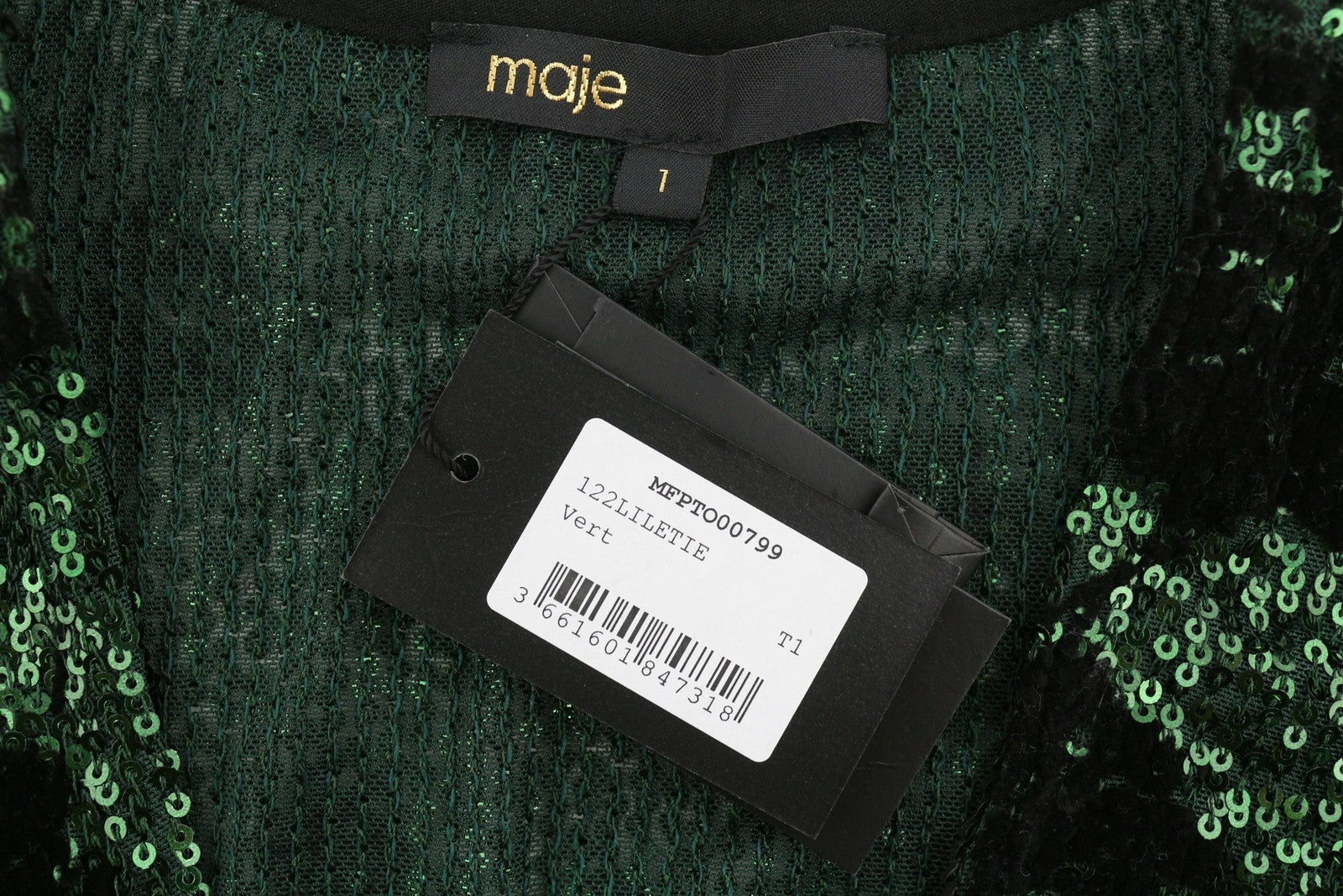 MAJE Liletie Women's Blouse 1 S Green Fitted Sequin Balloon Sleeve RRP189