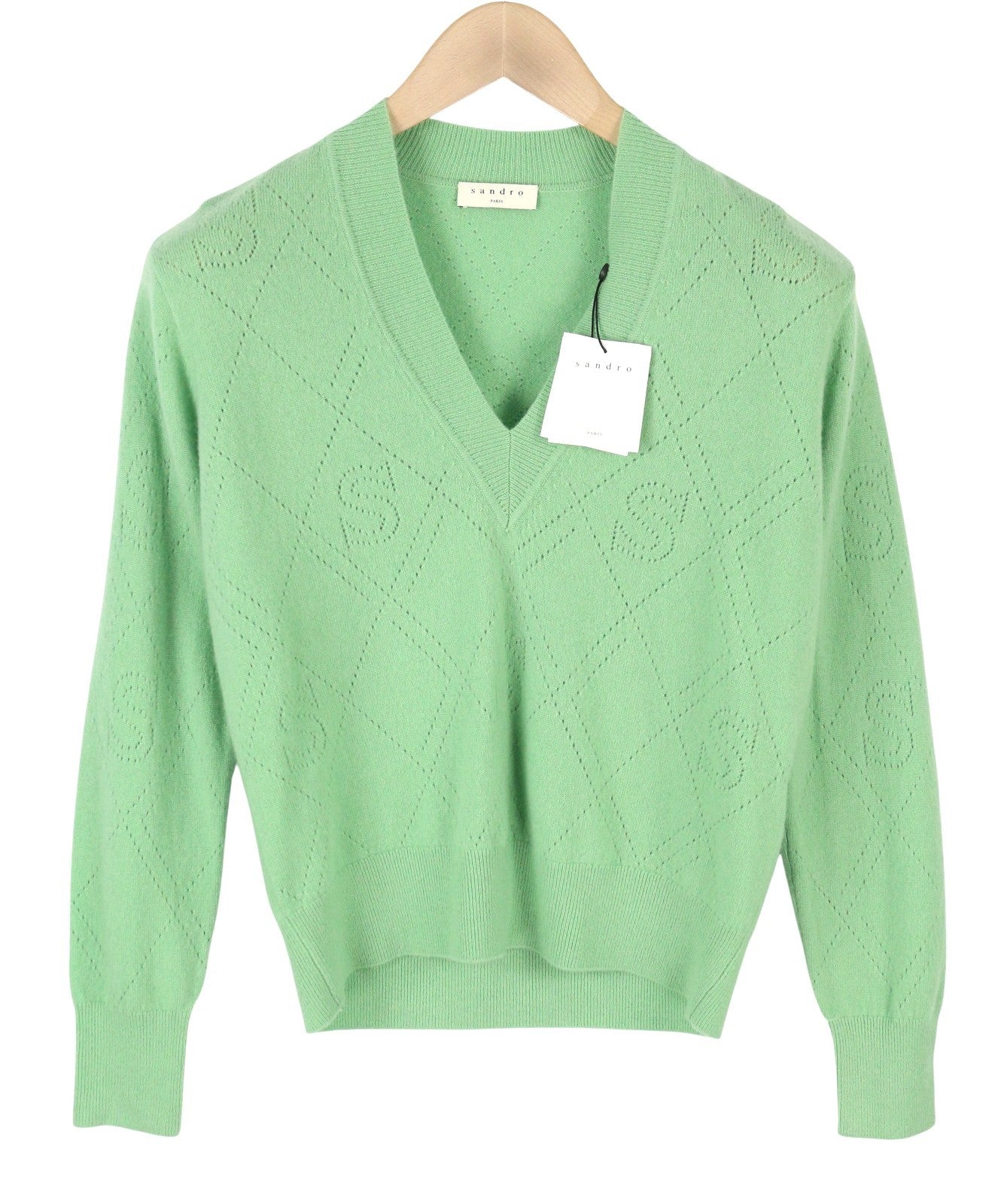 SANDRO Joseph Women's Jumper 0 XS Green Wool Cashmere V-Neck Knit RRP255