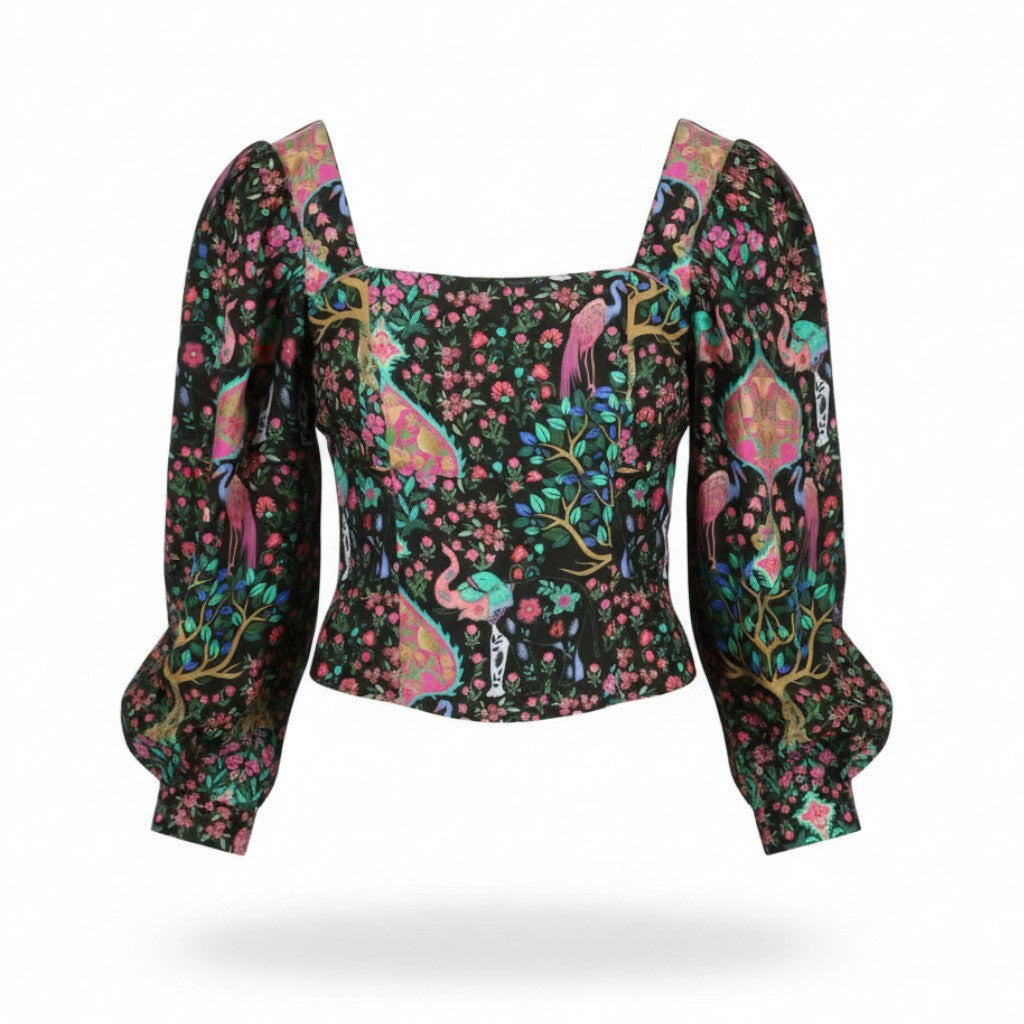 SANDRO Women's Blouse 0 XS Colourful Silk Cropped Square Neck Balloon Sleeve