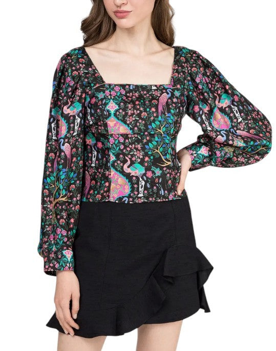 SANDRO Women's Blouse 0 XS Colourful Silk Cropped Square Neck Balloon Sleeve