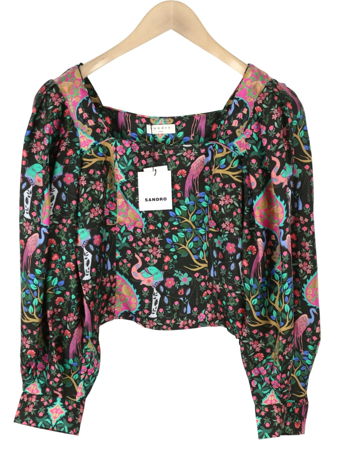 SANDRO Women's Blouse 0 XS Colourful Silk Cropped Square Neck Balloon Sleeve