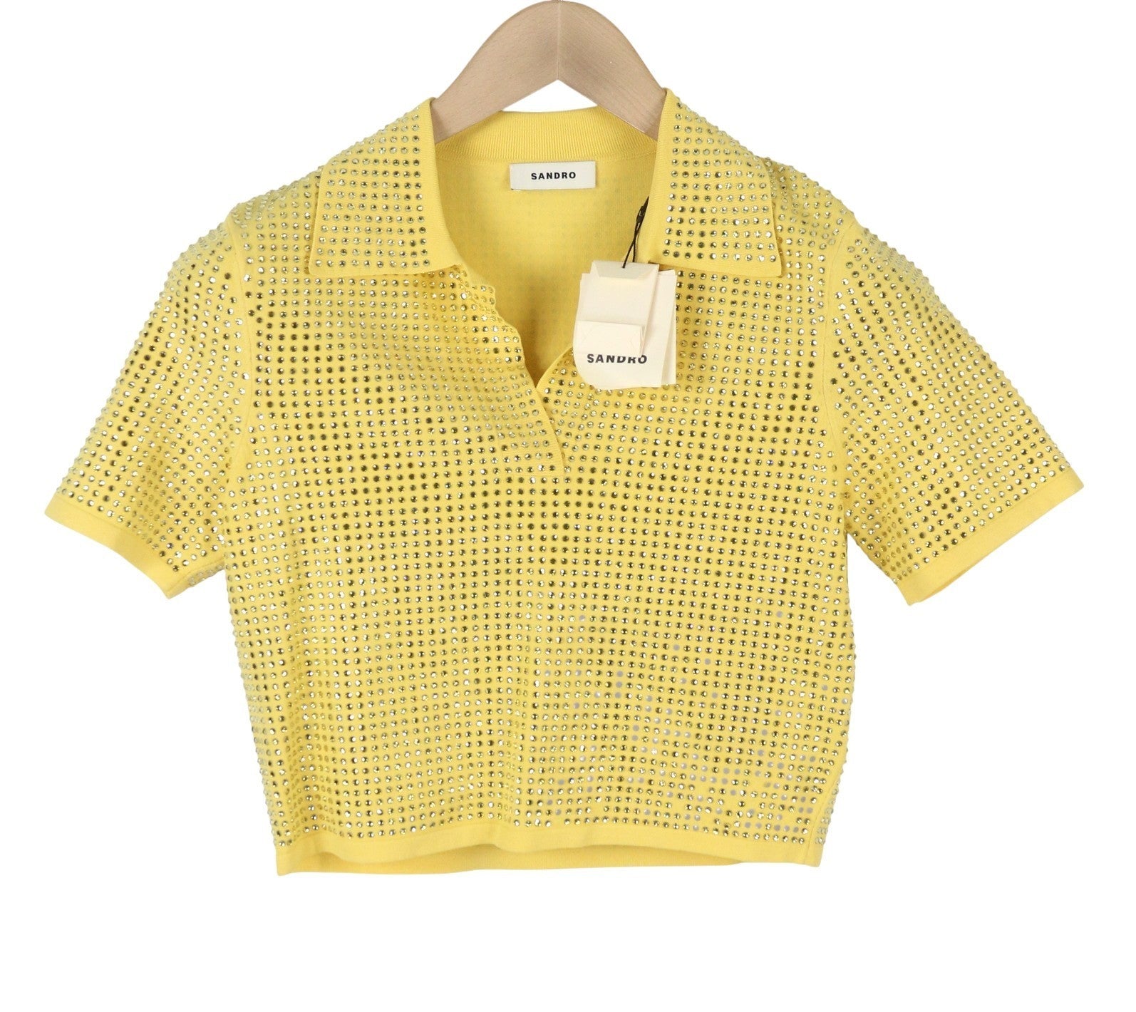 SANDRO Vierge Women's T-Shirt 2 M Yellow Shiny Embellished Polo Tee