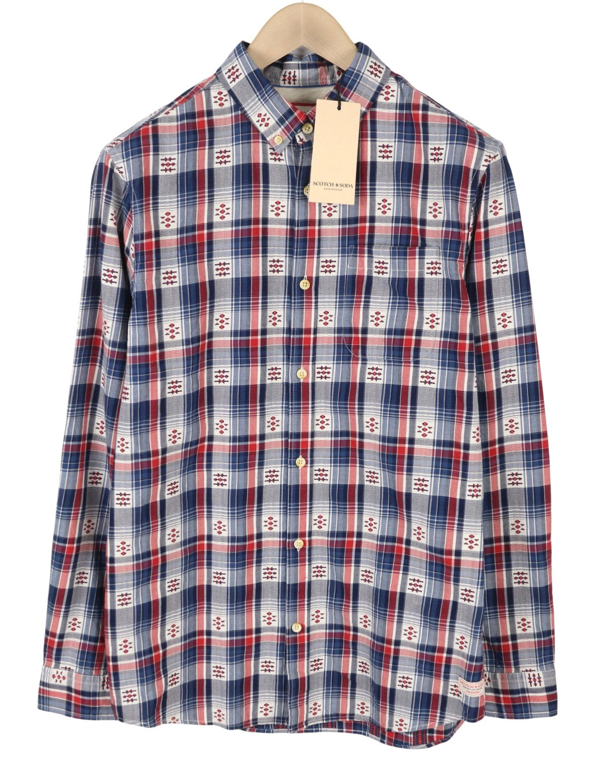 SCOTCH & SODA Men's Shirt M Blue Red Check Button-Down Pocket Casual