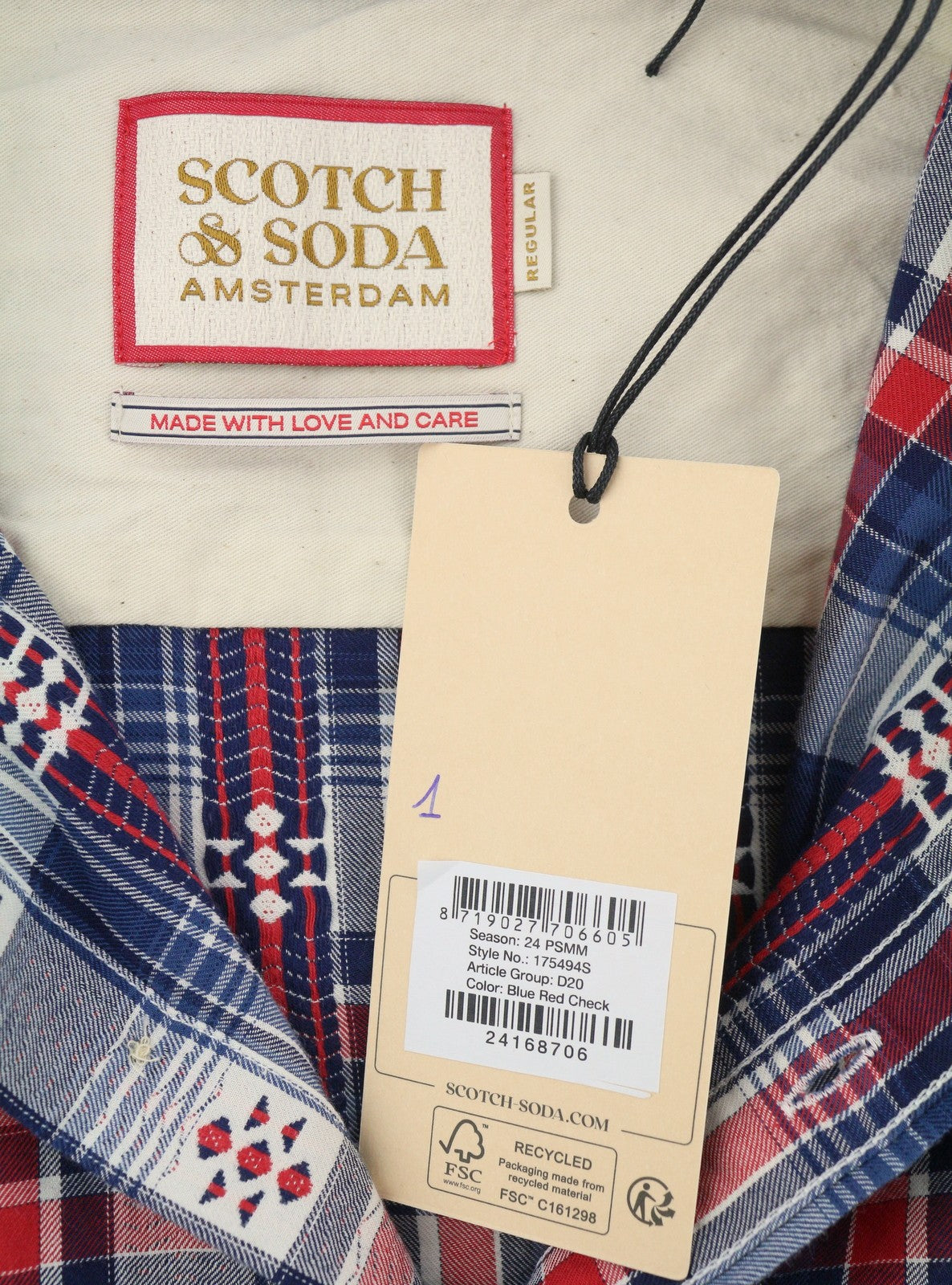 SCOTCH & SODA Men's Shirt M Blue Red Check Button-Down Pocket Casual