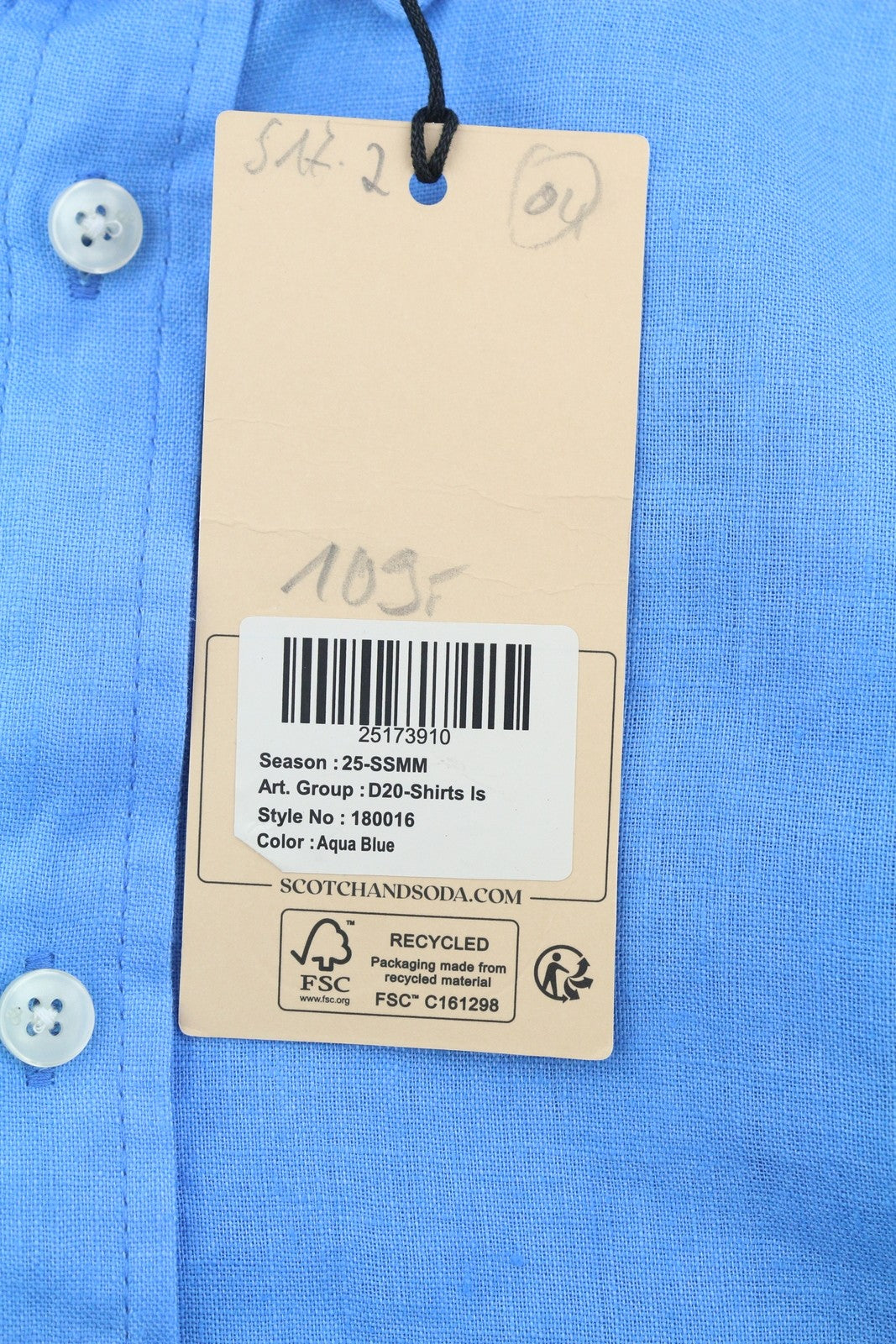SCOTCH & SODA Men's Shirt M Blue Linen Roll-Up Sleeve Button-Down Casual