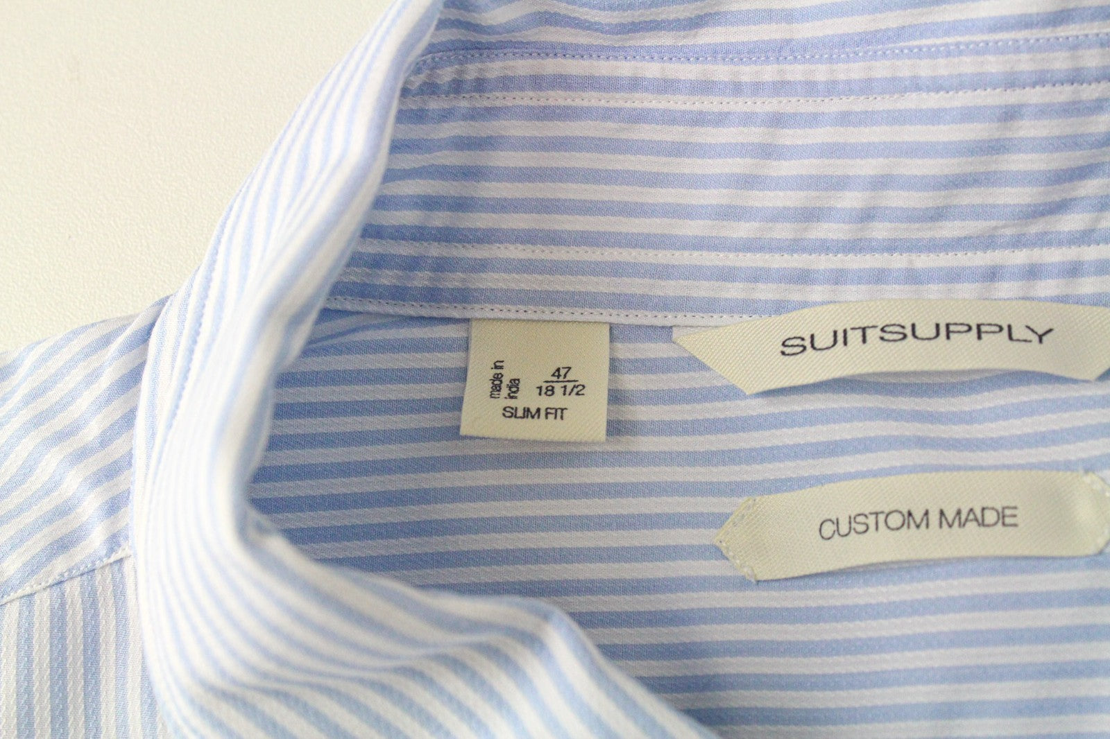 SUITSUPPLY Men Shirt 47/18 1/2 Striped Pattern Slim Fit Blue Pure Cotton