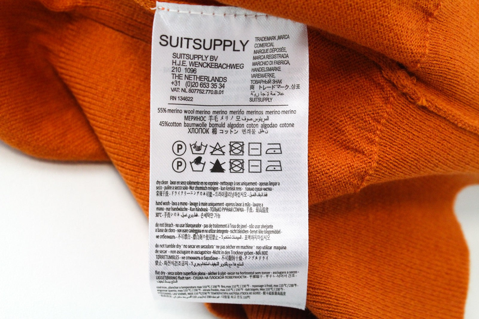 SUITSUPPLY Men T-Shirt S Orange Merino Wool Cotton Short Sleeved Round Neck