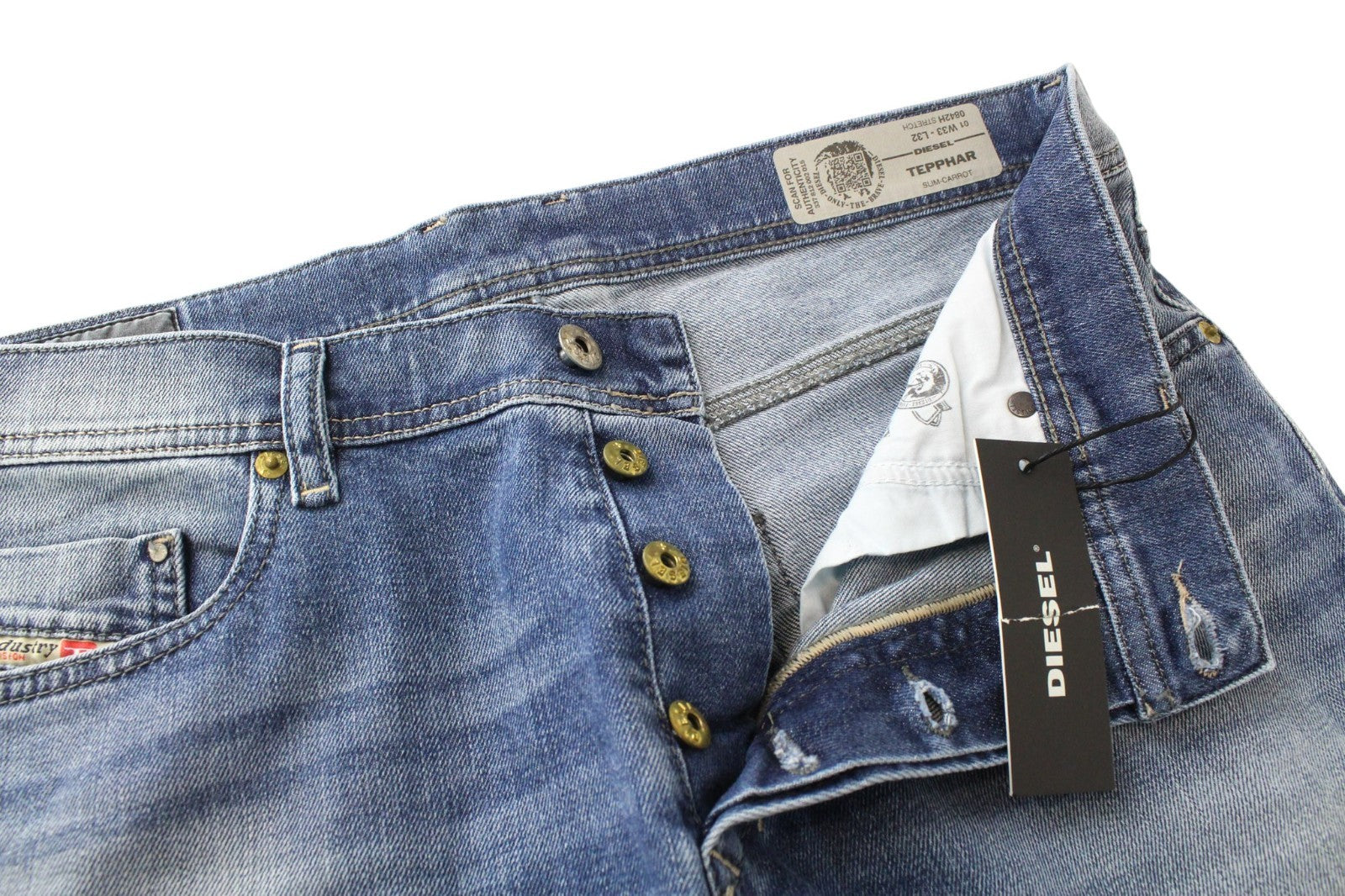 DIESEL Tepphar 0842H Men Jeans W33/L32 Blue Stretch Slim Carrot Cut Button-Fly