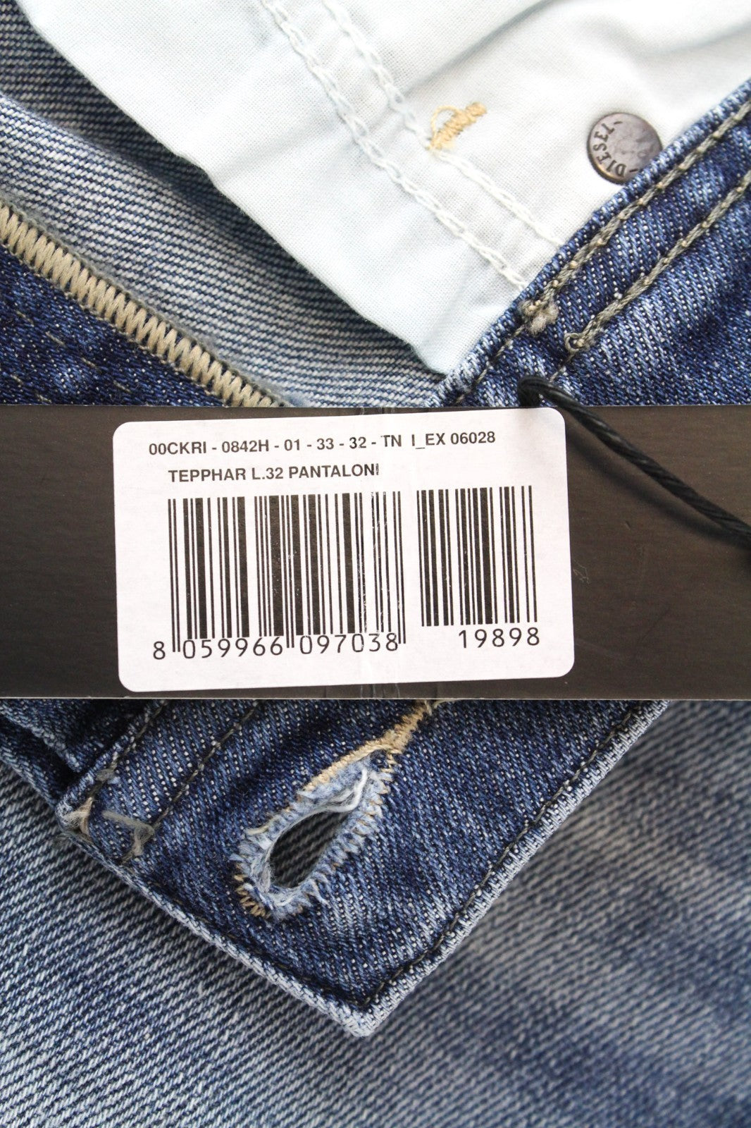 DIESEL Tepphar 0842H Men Jeans W33/L32 Blue Stretch Slim Carrot Cut Button-Fly