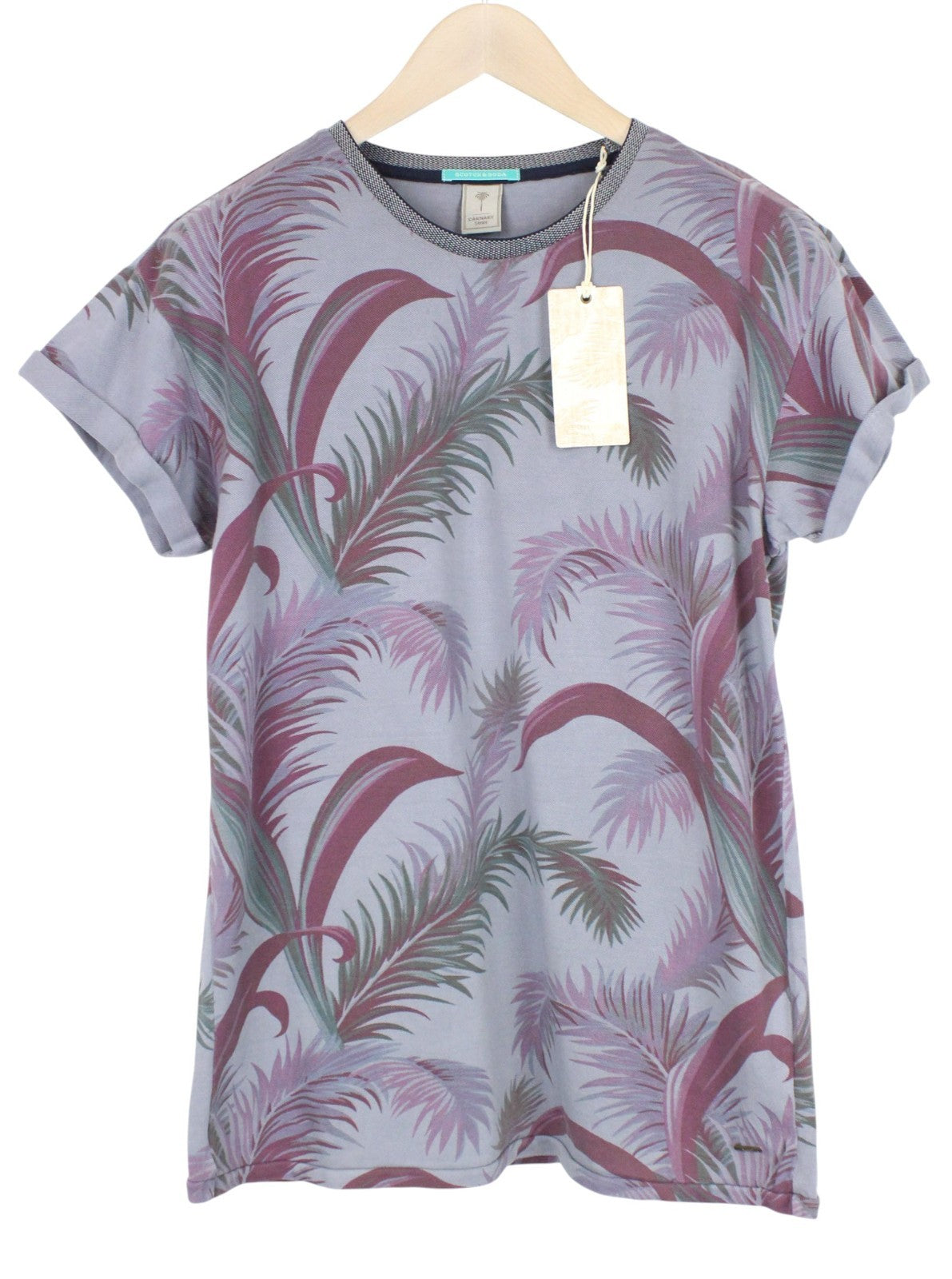 SCOTCH & SODA Men T-Shirt S Grey Bluish Leaf Patterned Short Sleeved Twill