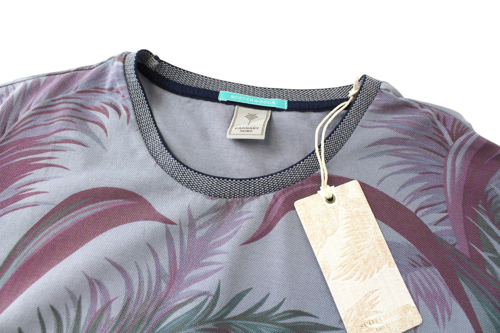 SCOTCH & SODA Men T-Shirt S Grey Bluish Leaf Patterned Short Sleeved Twill