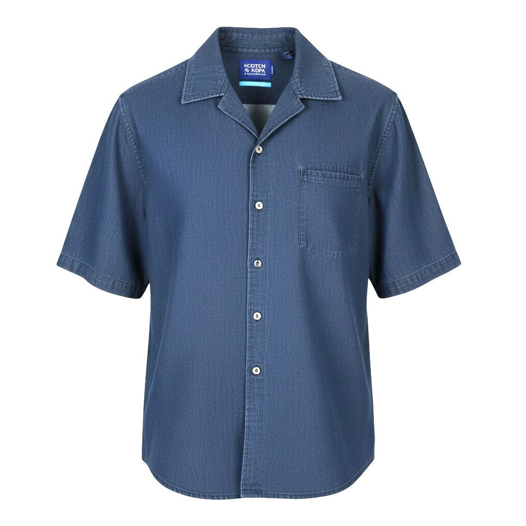 SCOTCH & SODA Men Shirt L Blue Denim Effect Relaxed Short Sleeve Casual