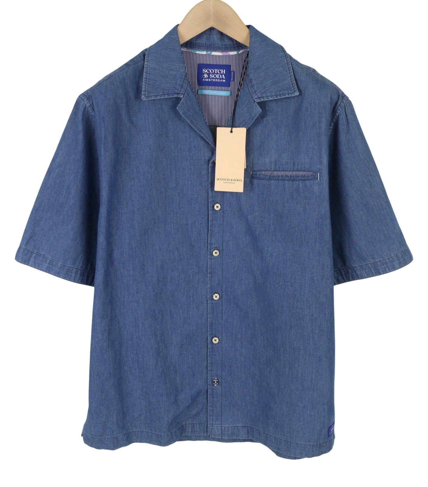 SCOTCH & SODA Men Shirt L Blue Denim Effect Relaxed Short Sleeve Casual