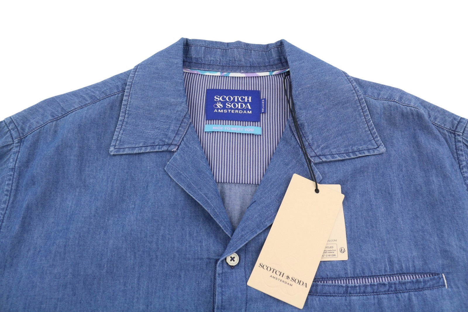 SCOTCH & SODA Men Shirt L Blue Denim Effect Relaxed Short Sleeve Casual