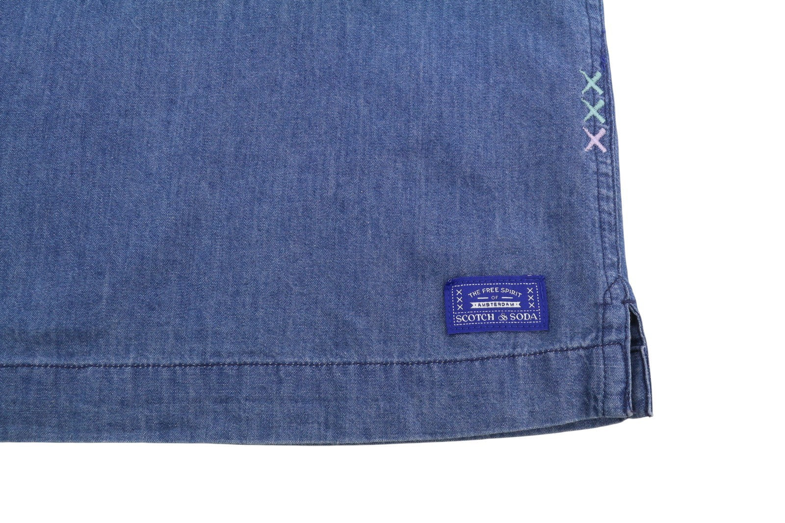 SCOTCH & SODA Men Shirt L Blue Denim Effect Relaxed Short Sleeve Casual
